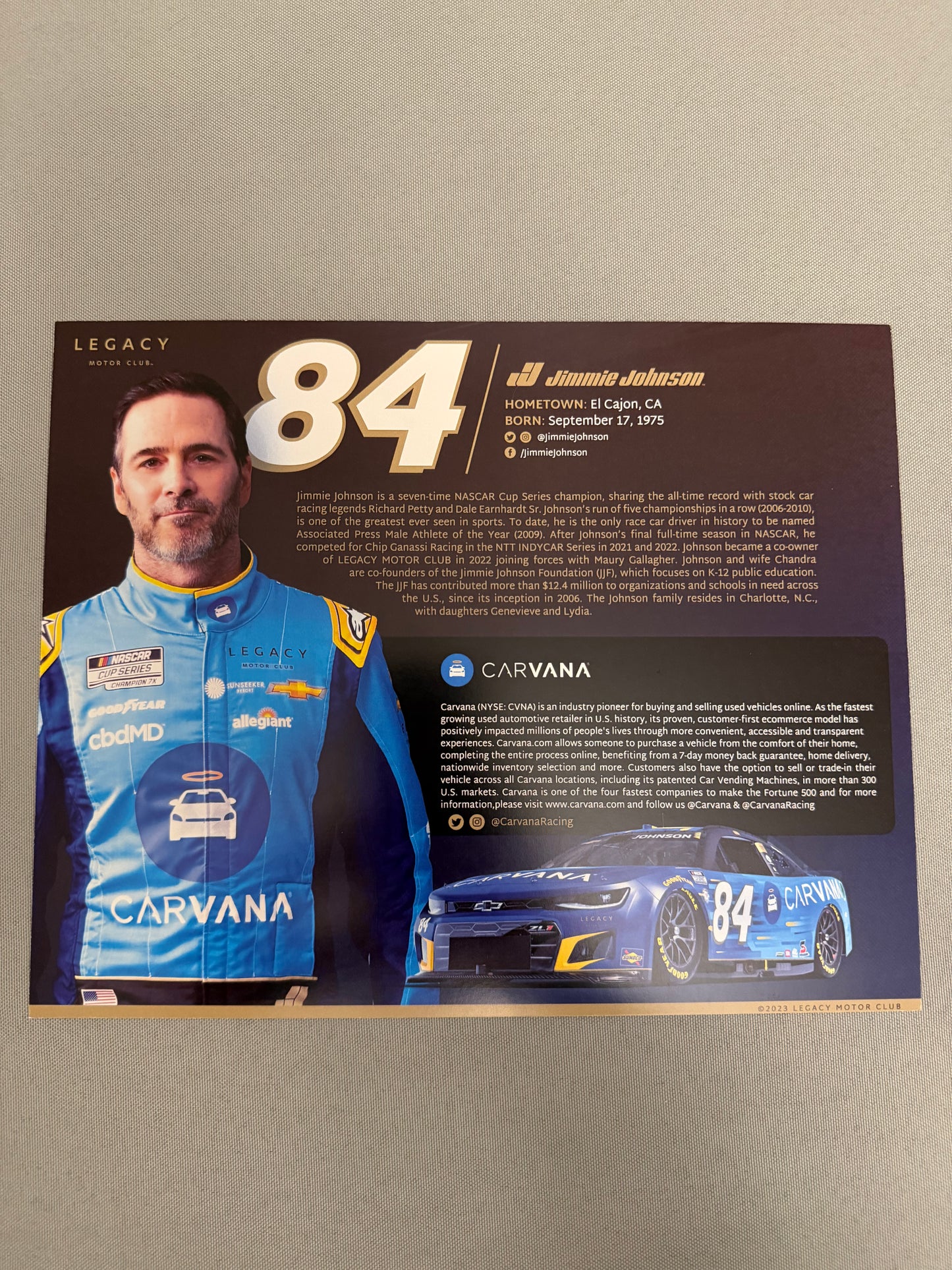 Jimmie Johnson #84 2023 Carvana Nascar Hero Card