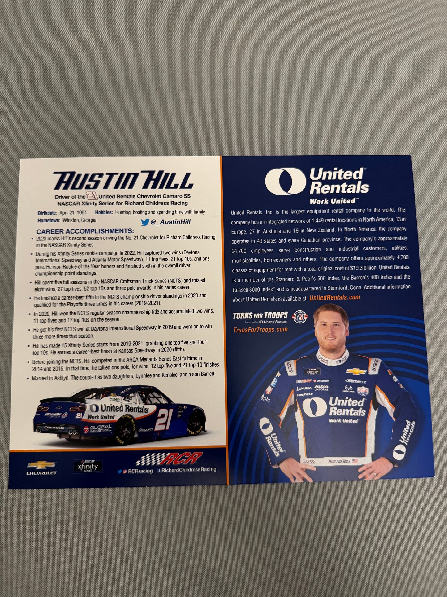 Austin Hill #21 2023 United Rental Nascar Hero Card