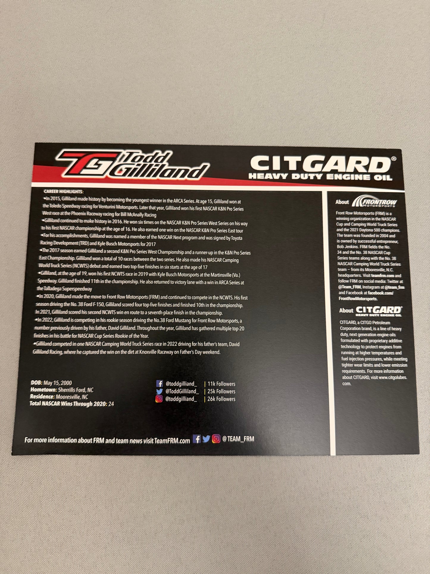 Todd Gilliland #38 2022 Citguard Nascar Hero Card