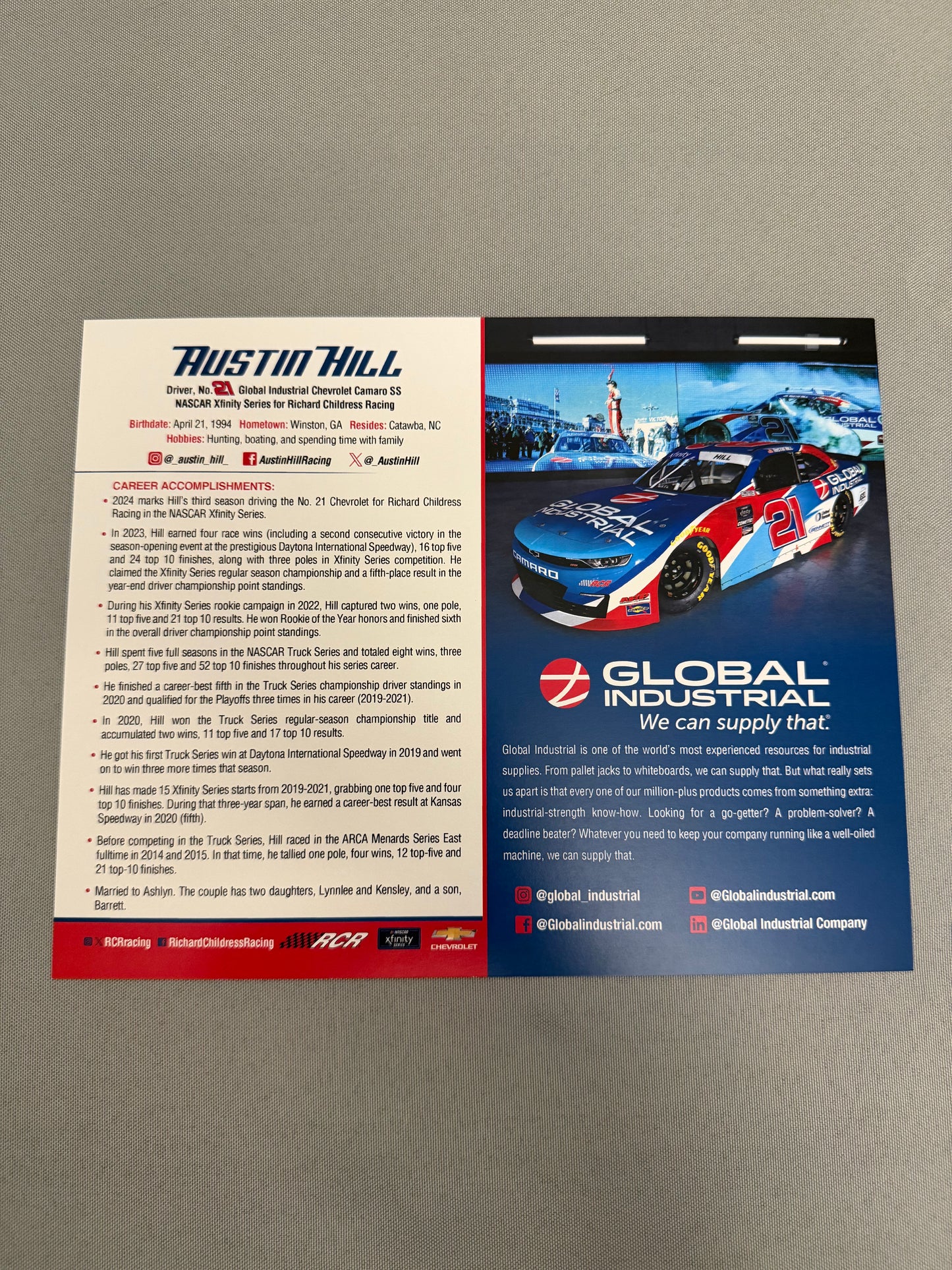 Austin Hill #21 2024 Global Industrial Nascar Hero Card
