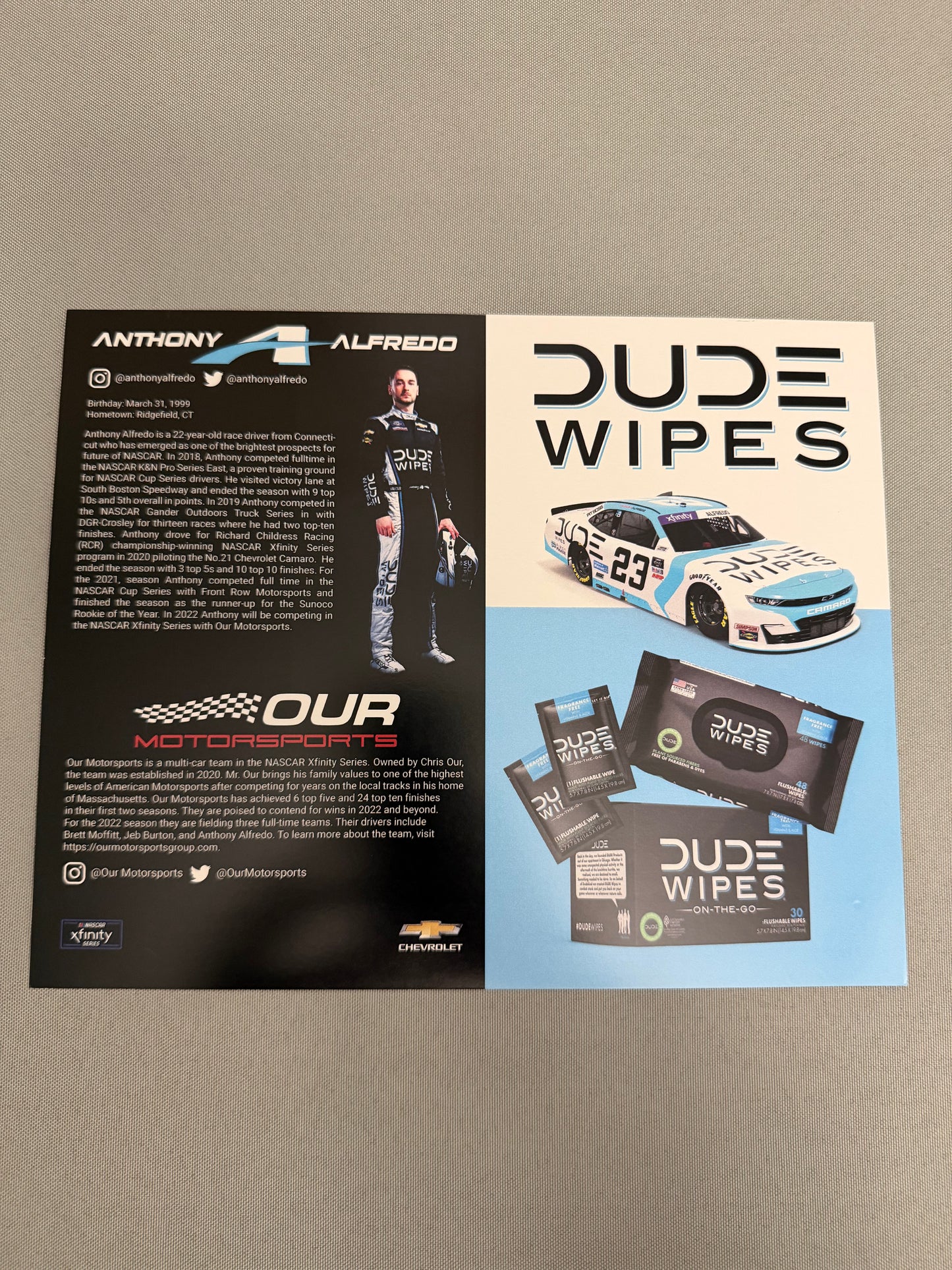 Anthony Alfredo #23 2022 Dude Wipes Nascar Hero Card