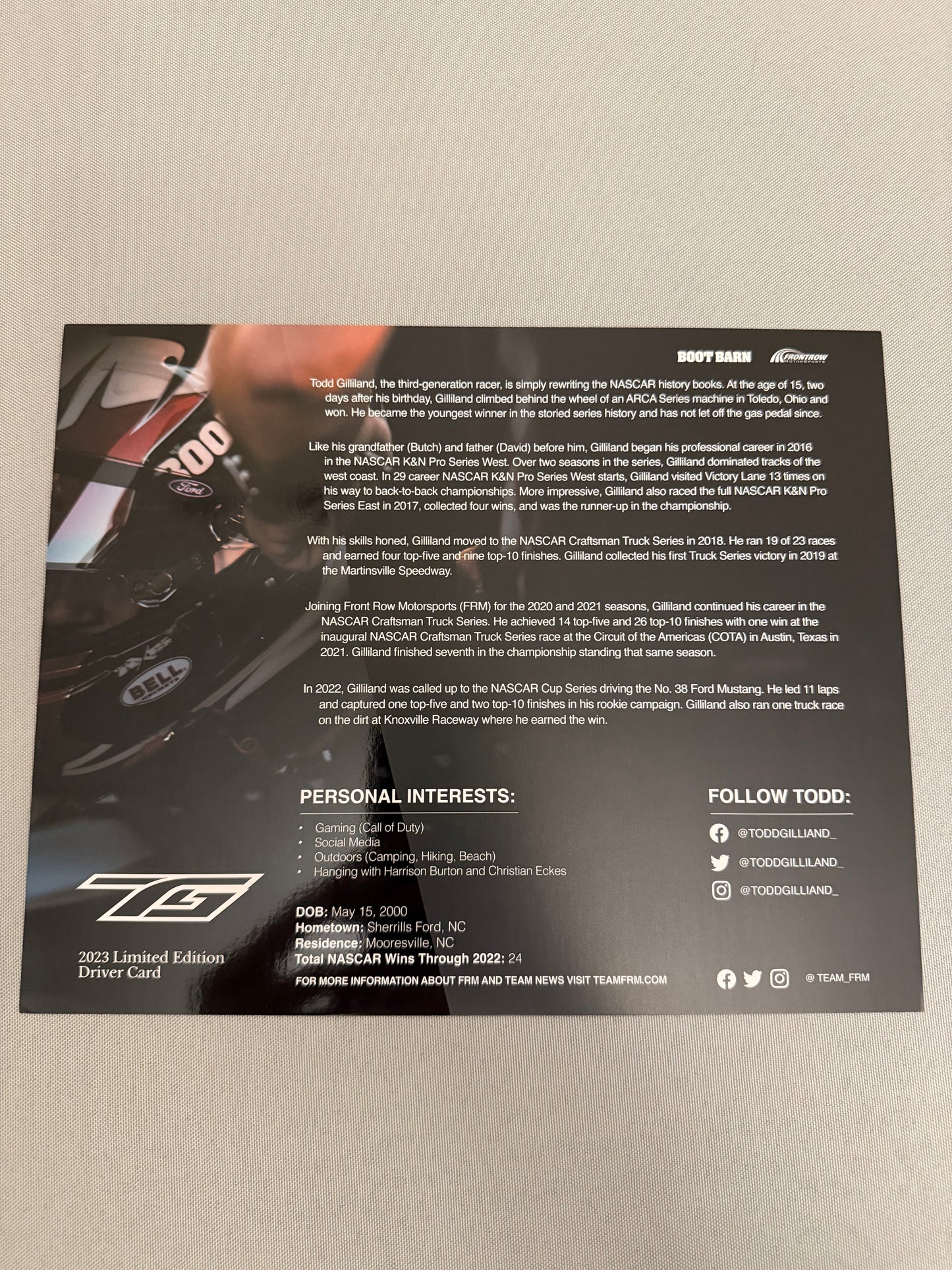 Todd Gilliland #38 2023 Boot Barn Nascar Hero Card