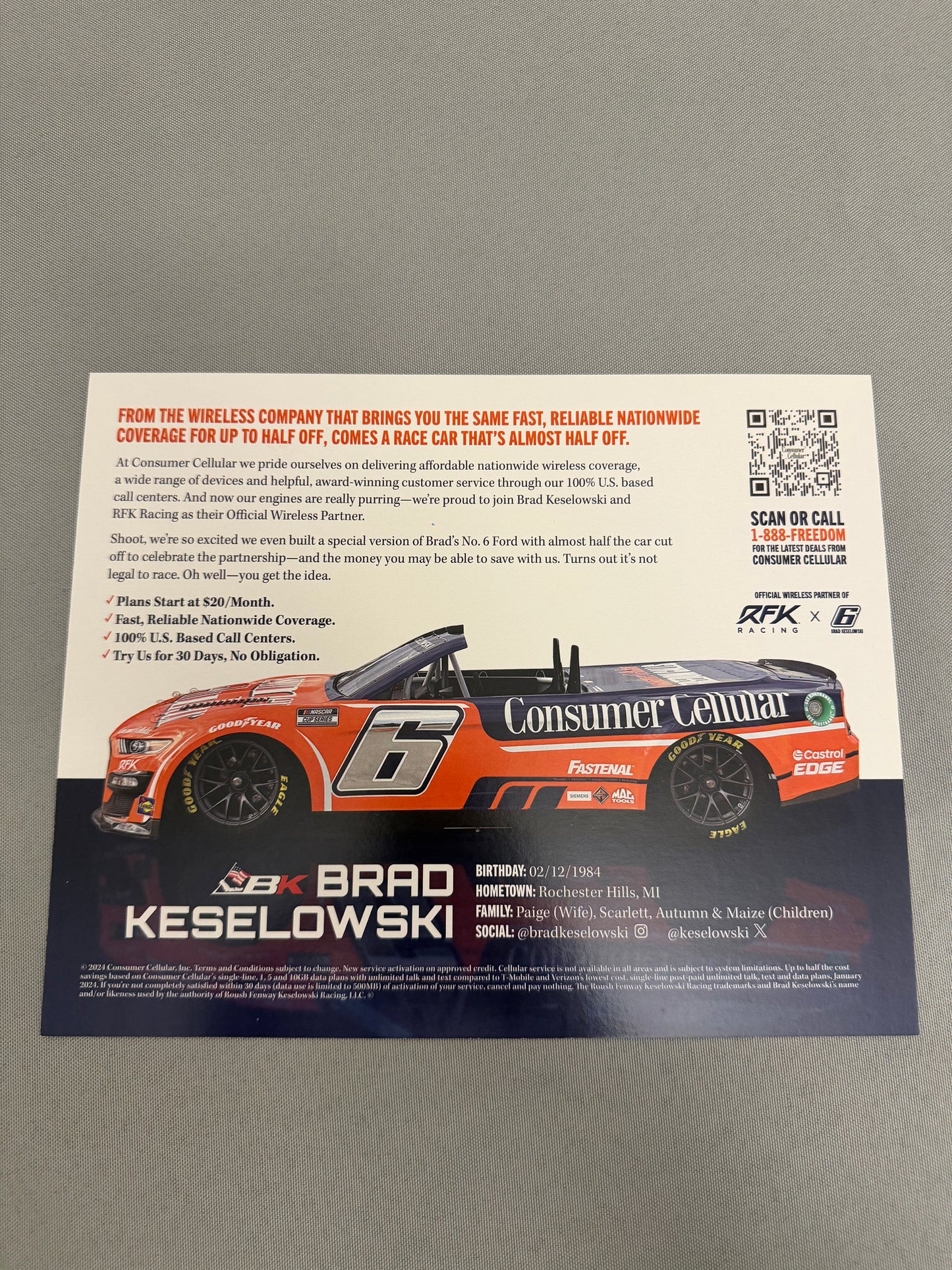Brad Keselowski #6 2024 Consumer Cellular Nascar Hero Card