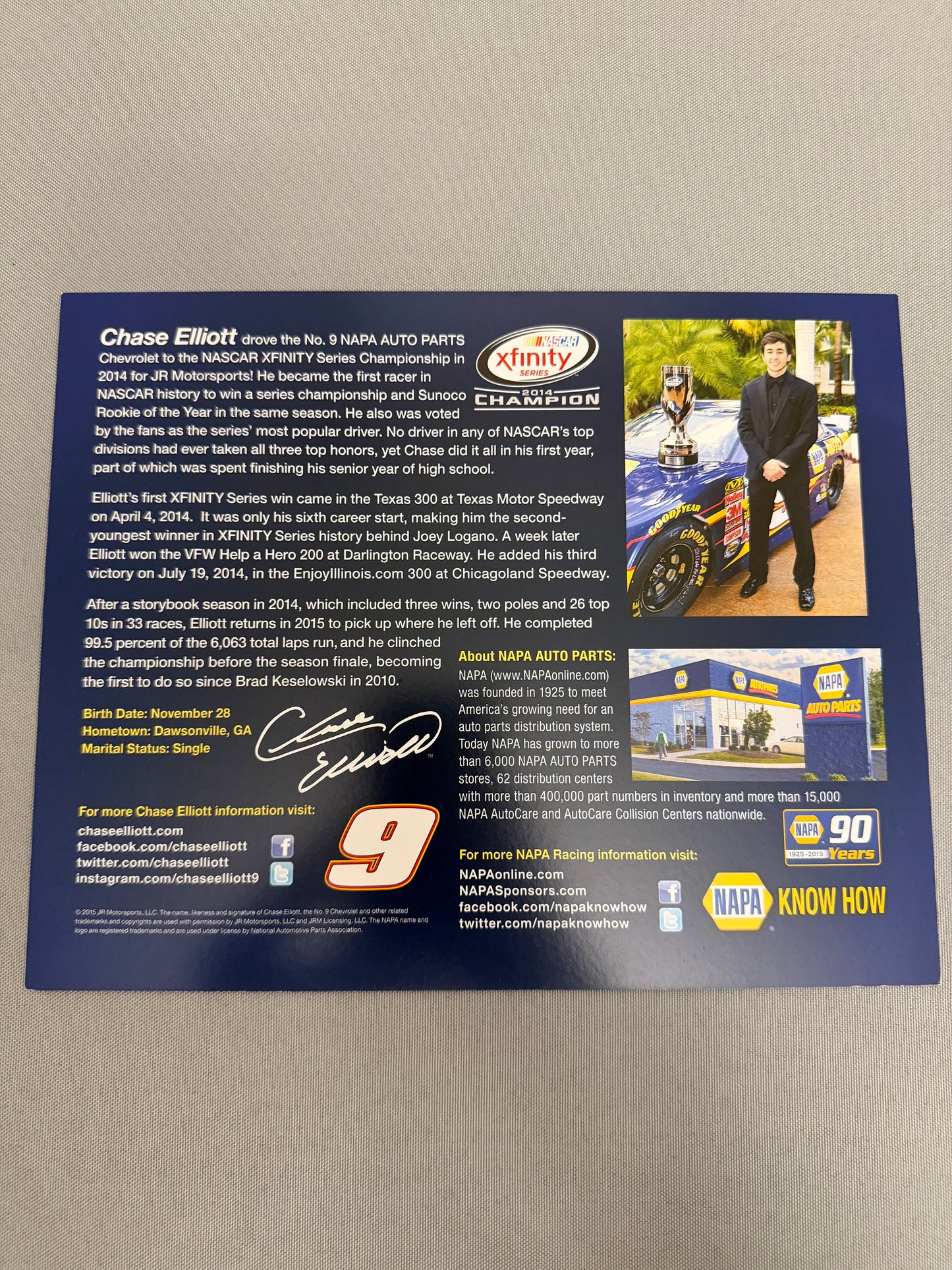 Chase Elliott #9 2015 Napa Nascar Hero Card