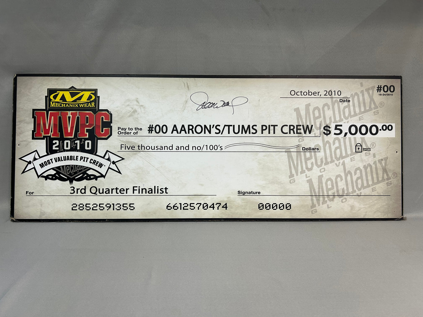David Reutimann #00 2010 Autographed Most Valuable Pit Crew Nascar Check