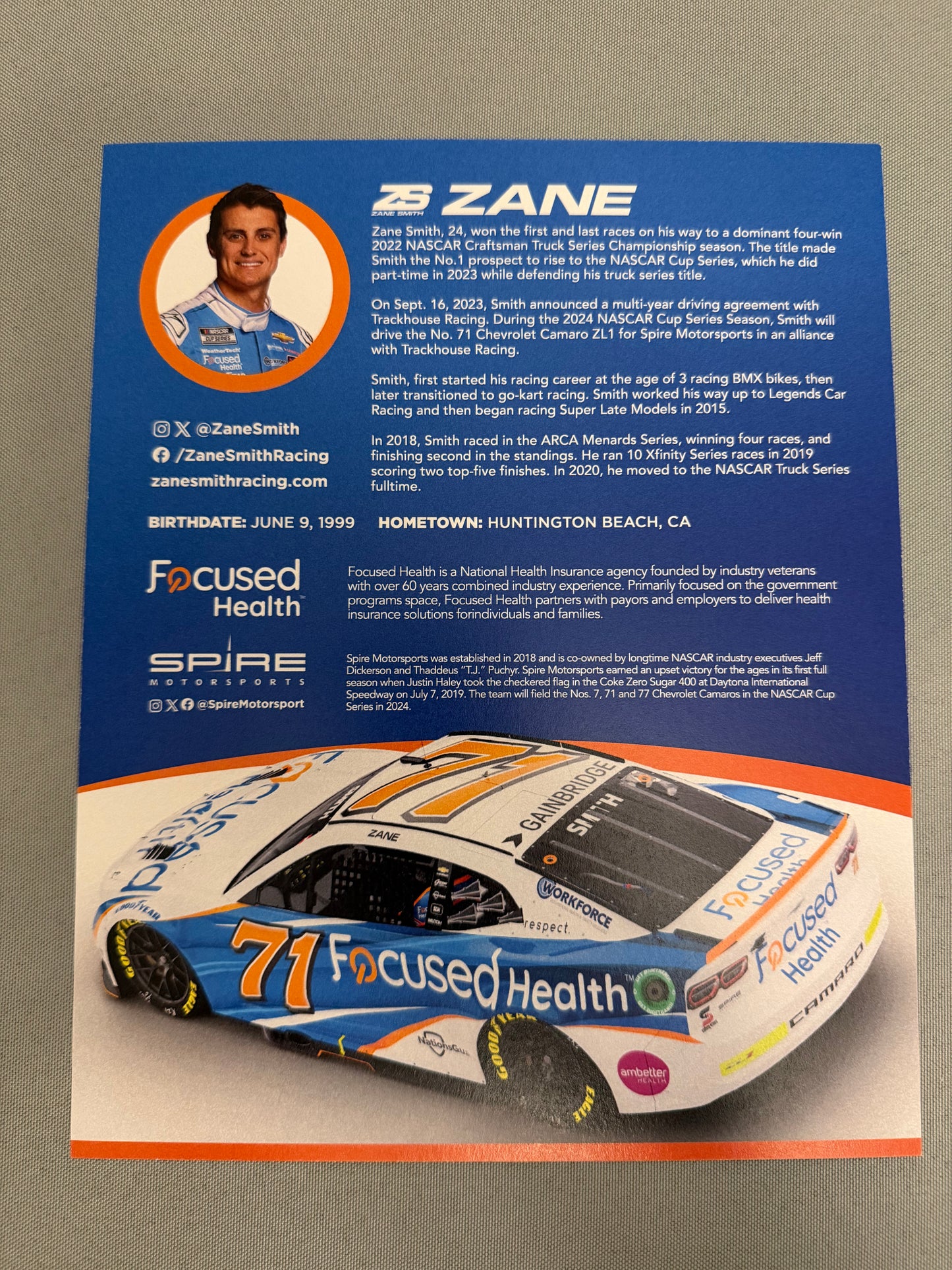 Zane Smith #71 2024 Focused Health Nascar Hero Card
