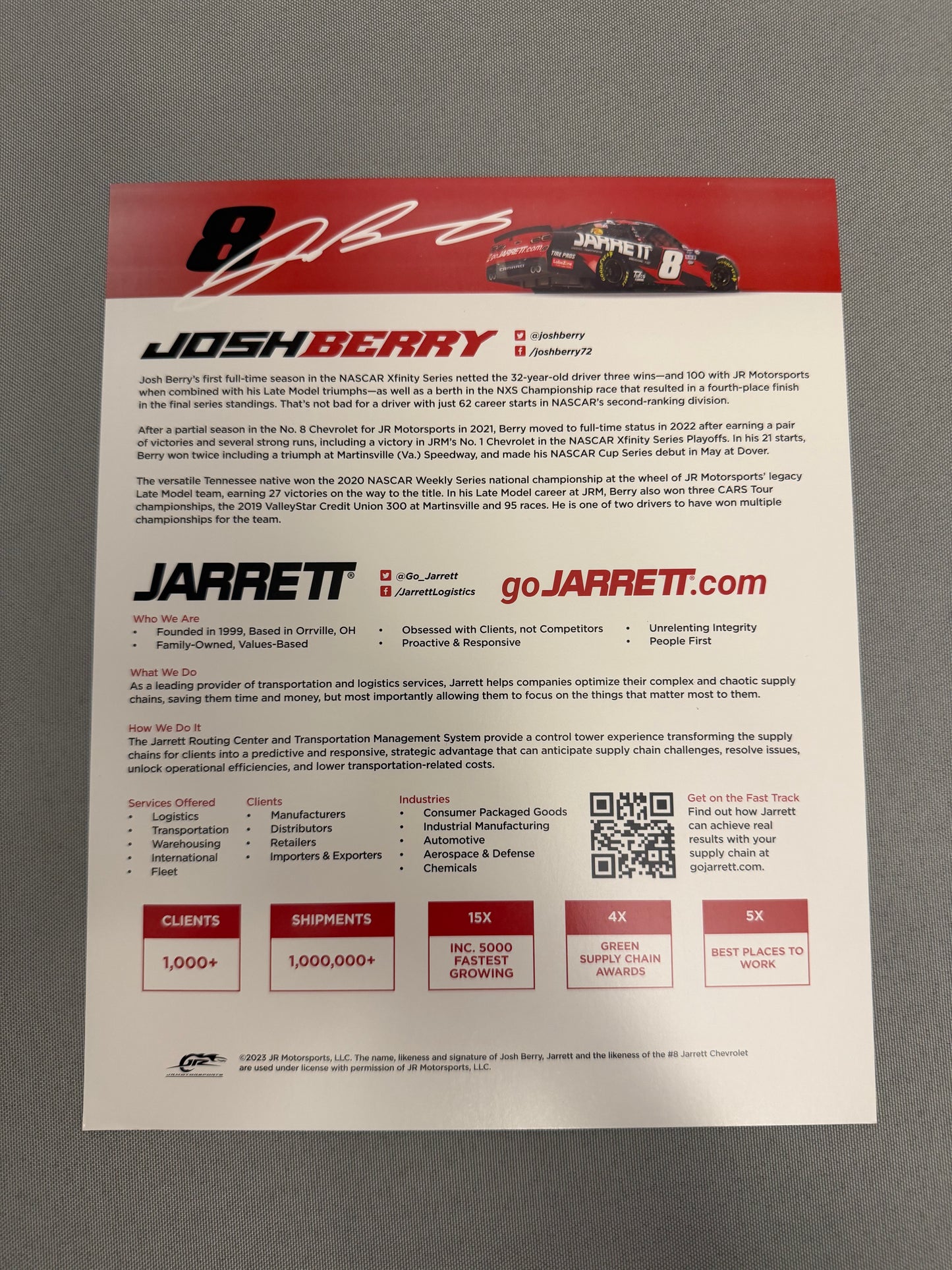 Josh Berry #8 2023 Jarrett Nascar Hero Card