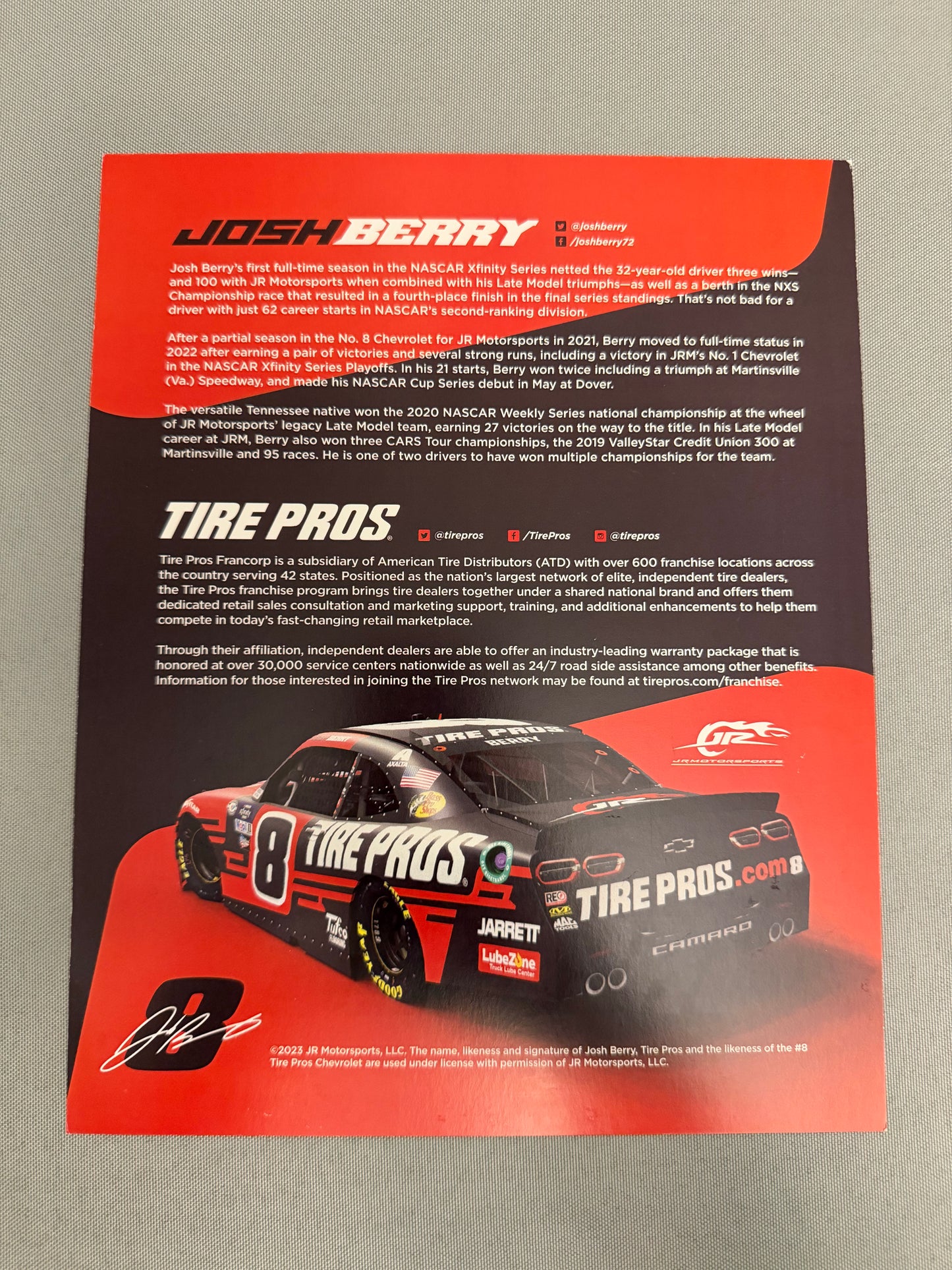 Josh Berry #8 2023 Tire Pros Nascar Hero Card