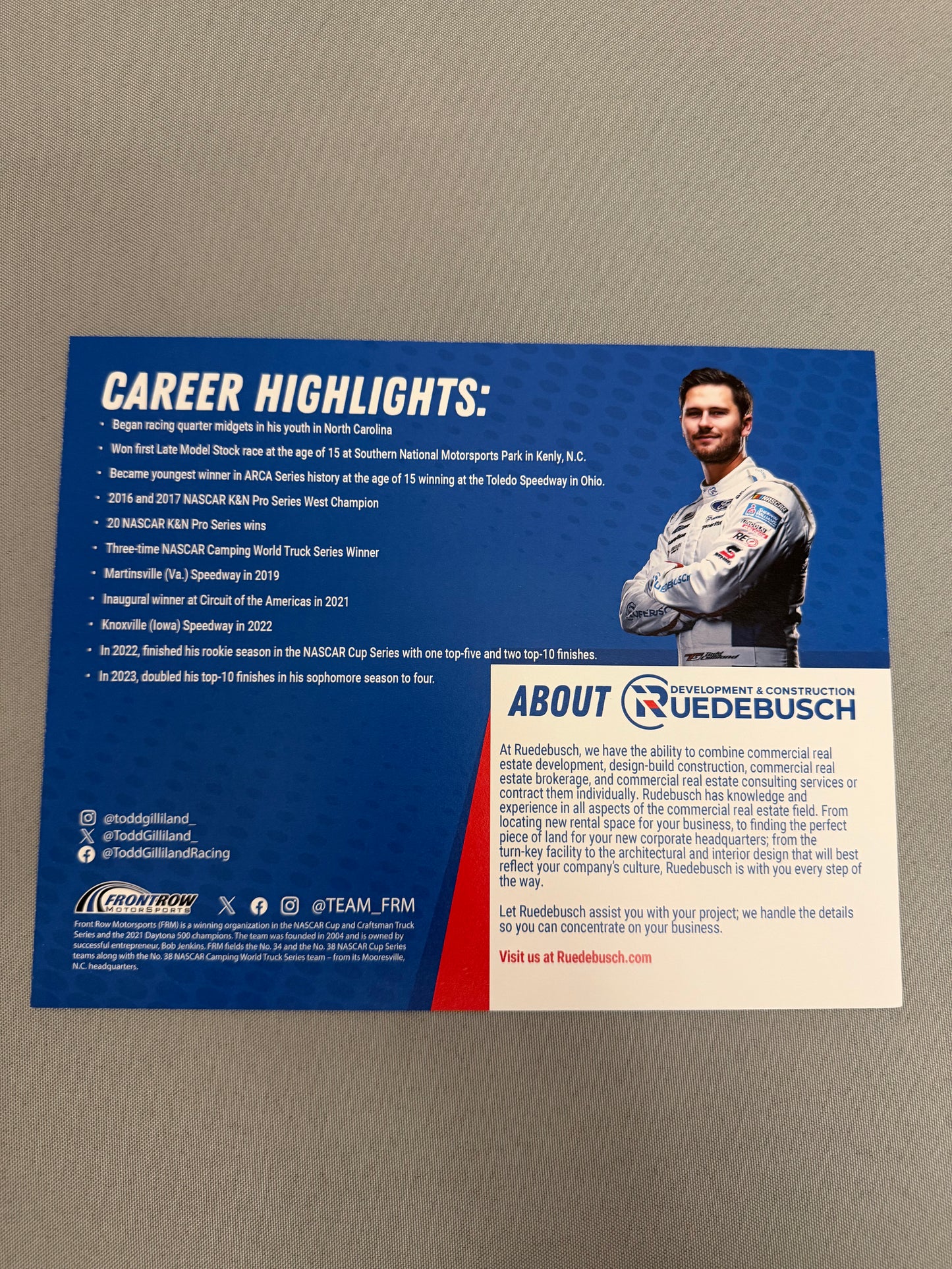 Todd Gilliland #38 2024 Ruedebusch Nascar Hero Card