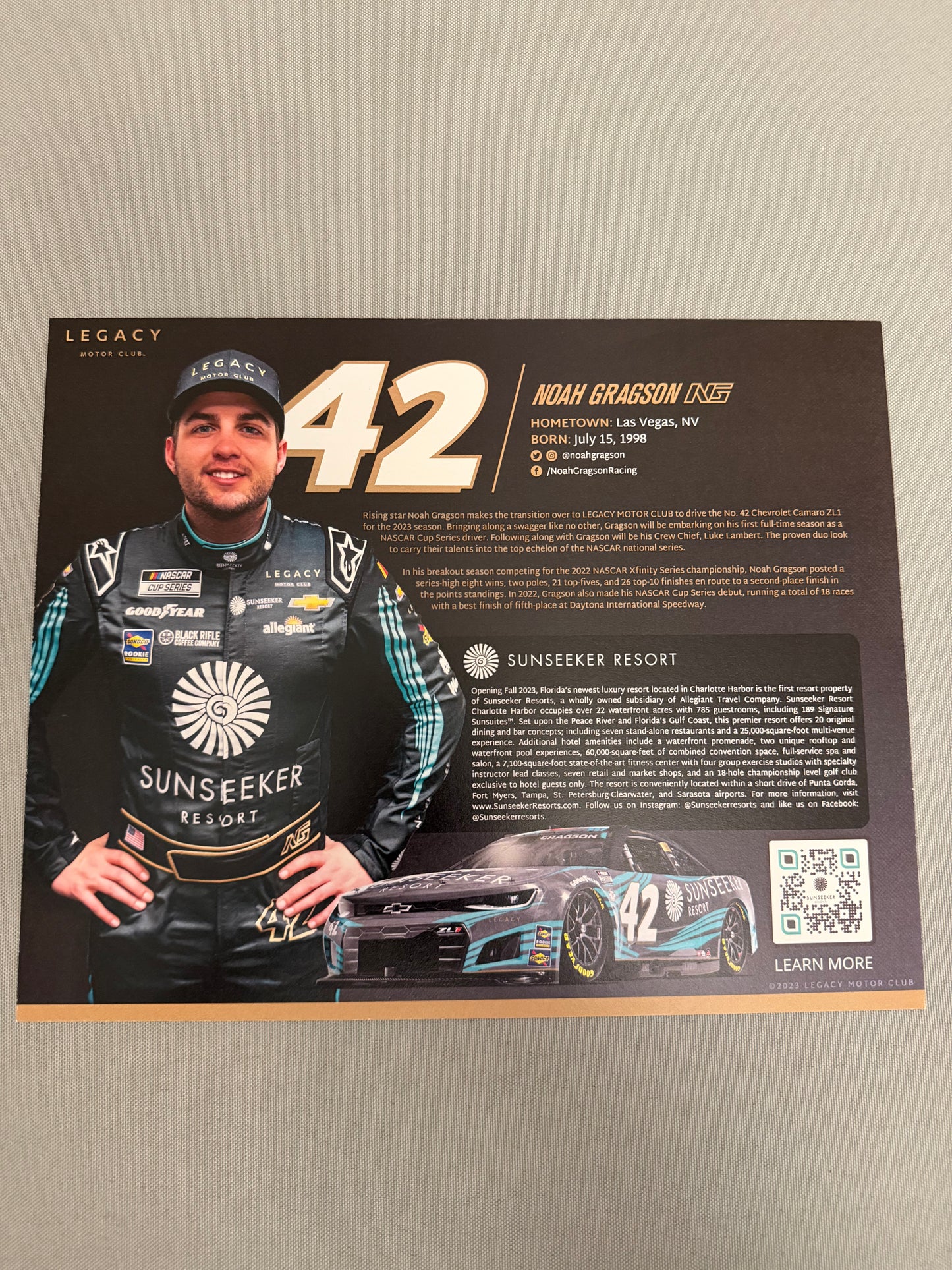 Noah Gragson #42 2023 Sunseeker Nascar Hero Card
