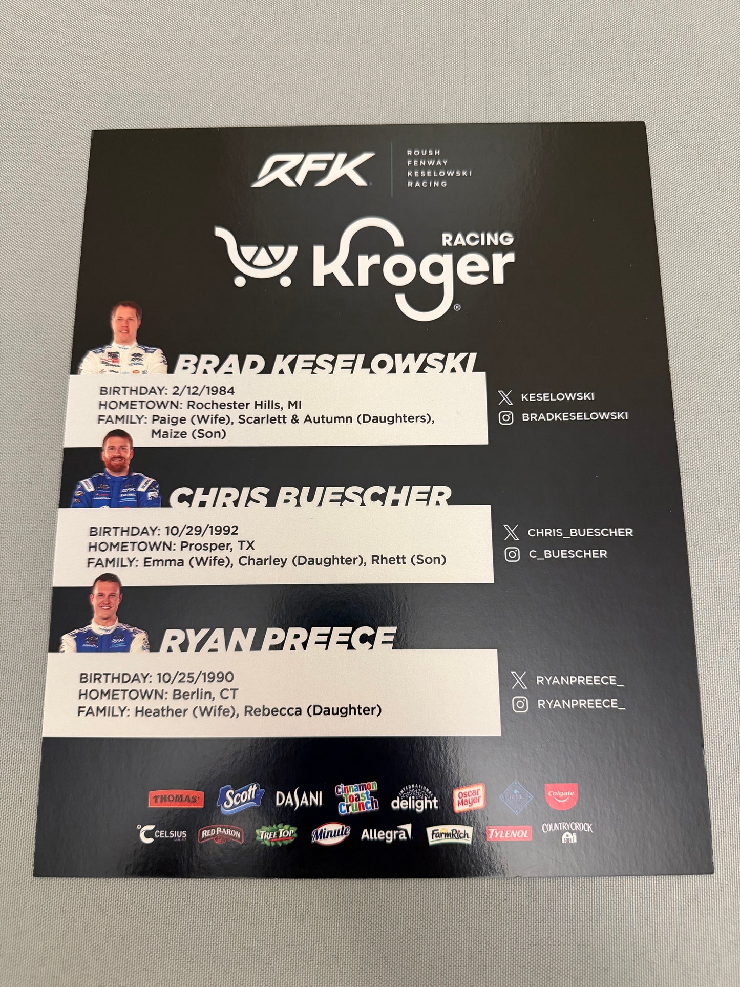 RFK Racing 2025 Kroger Nascar Hero Card