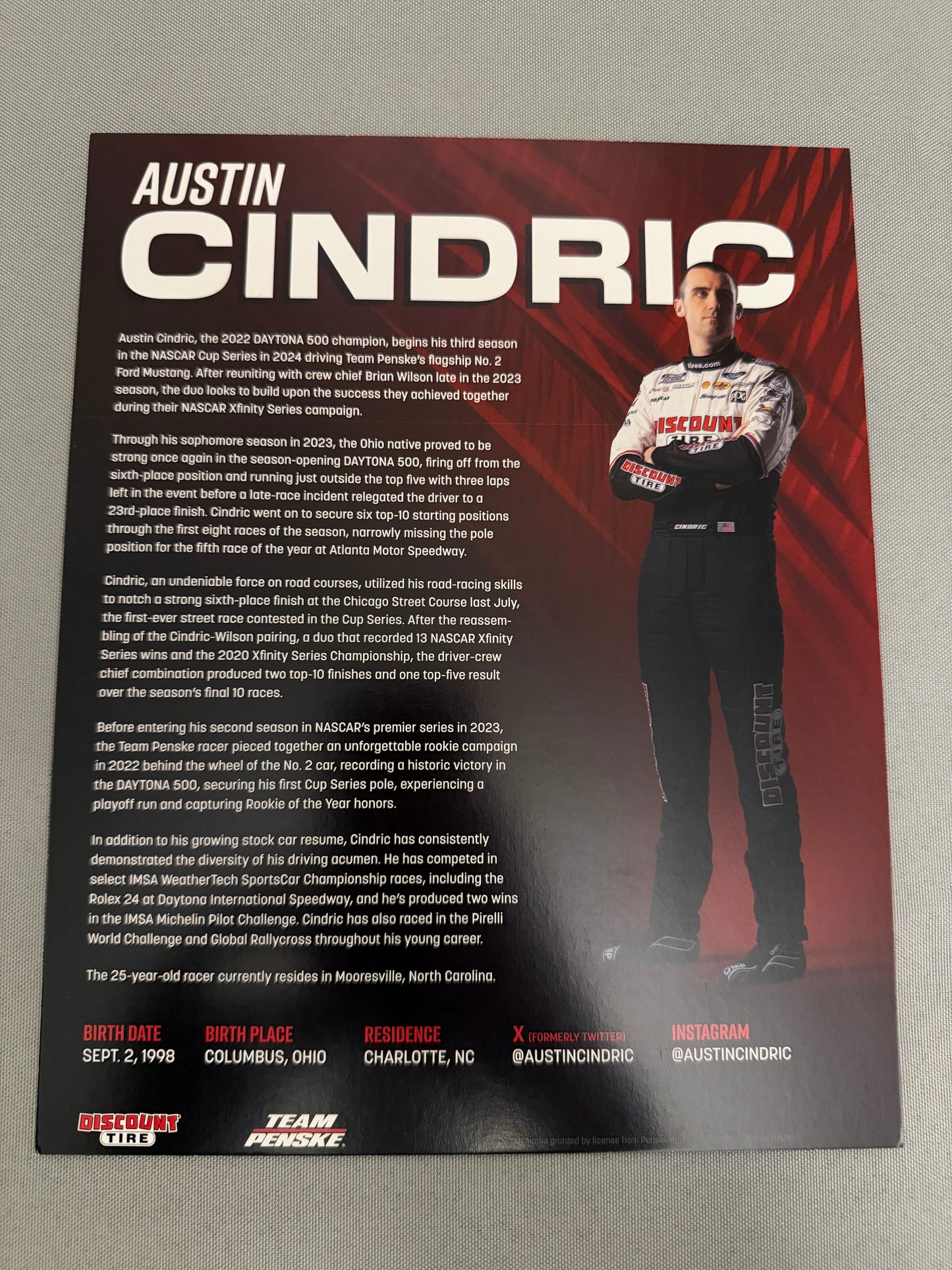 Austin Cindric #2 2024 Discount Tire Nascar Hero Card