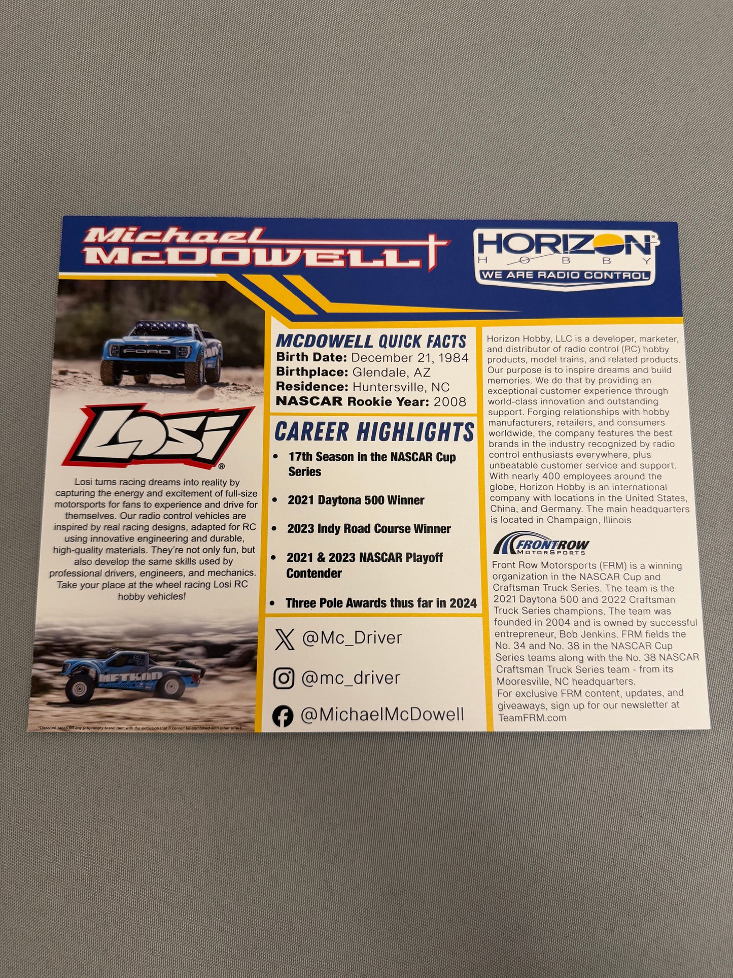 Michael McDowell #34 2024 Horizon Hobby LOSI Nascar Hero Card