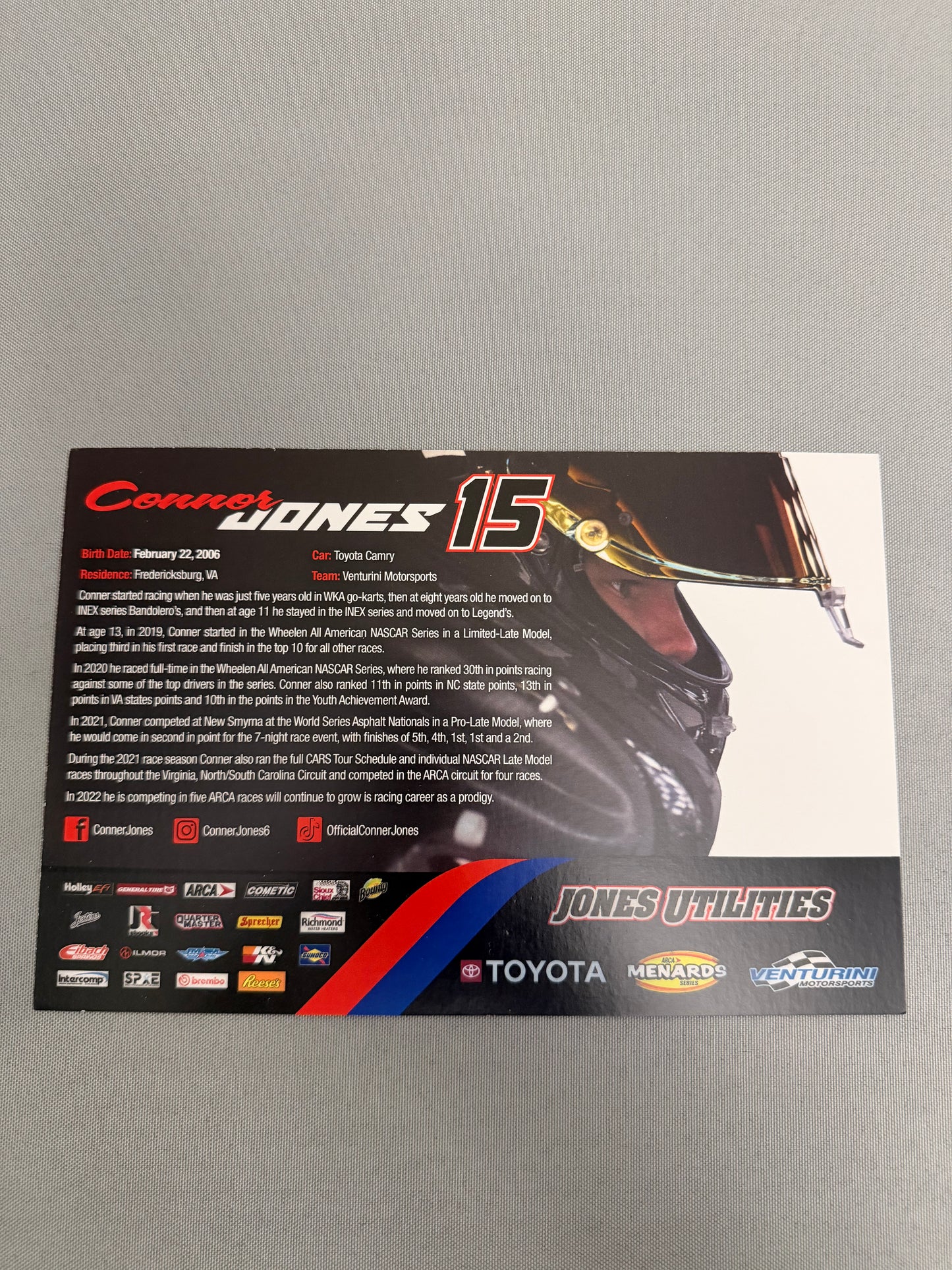 Connor Jones #15 2022 Jones Utilities Nascar Hero Card