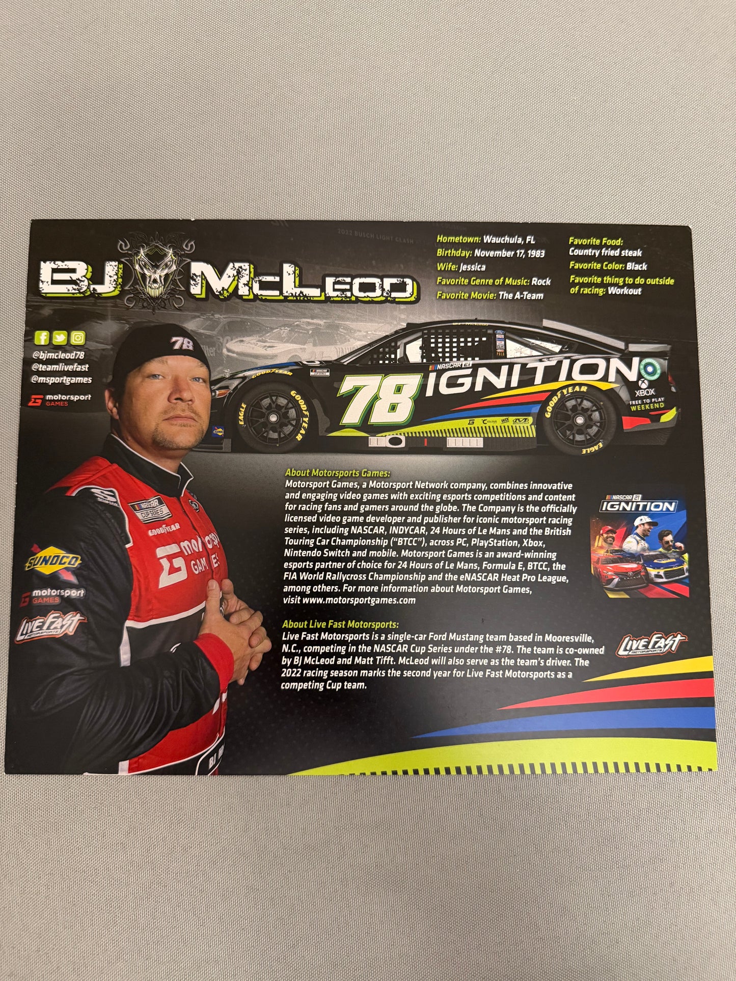 BJ McLeod #78 2022 Nascar Ignition Nascar Hero Card