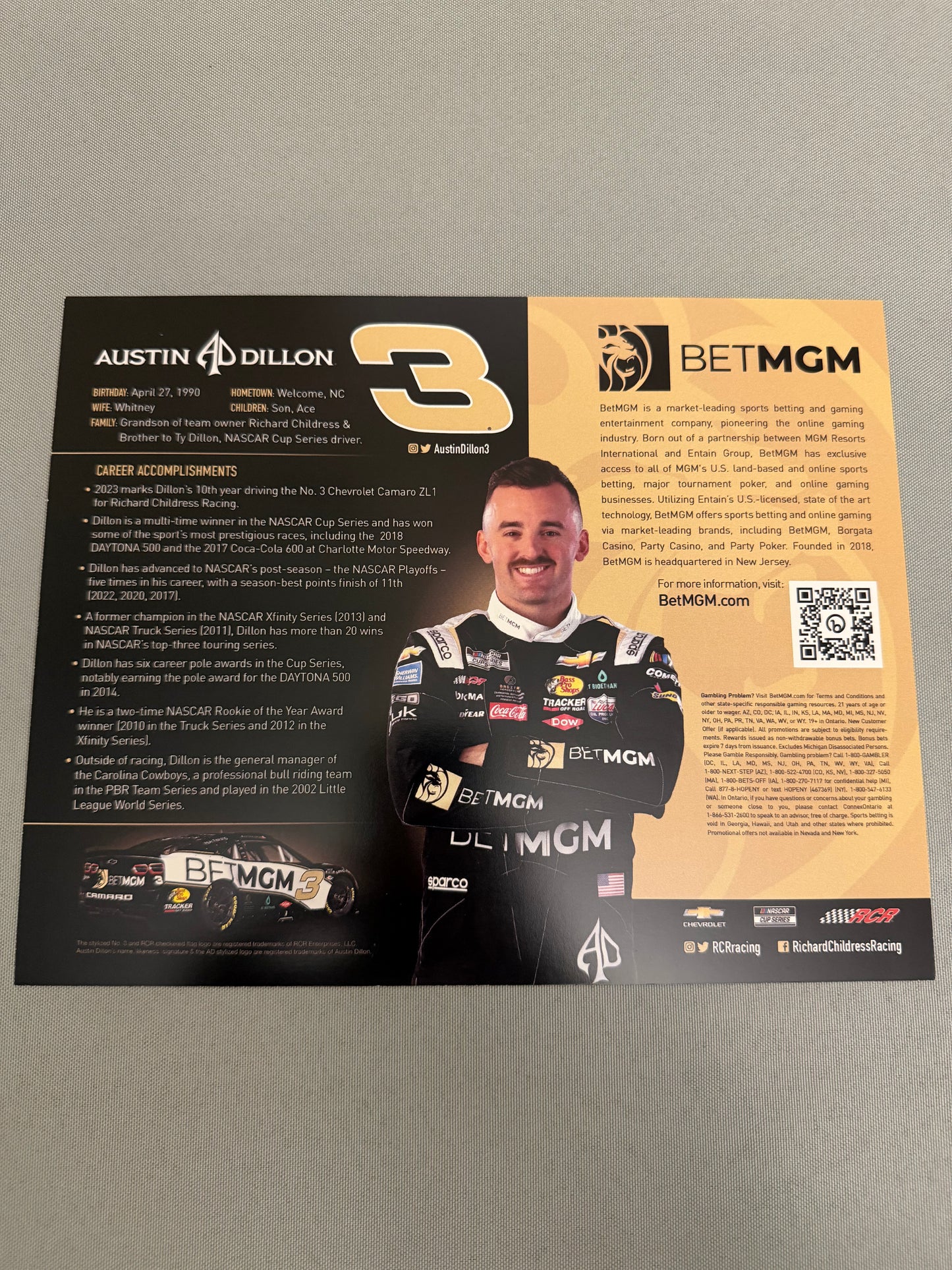Austin Dillon #3 2023 Bet MGM Nascar Hero Card