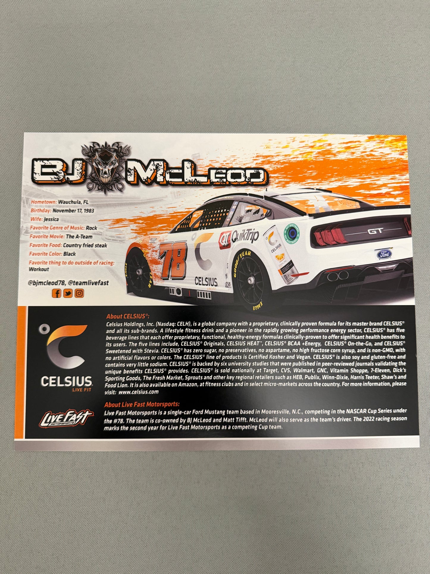 BJ McLeod #78 2022 Celsius Nascar Hero Card