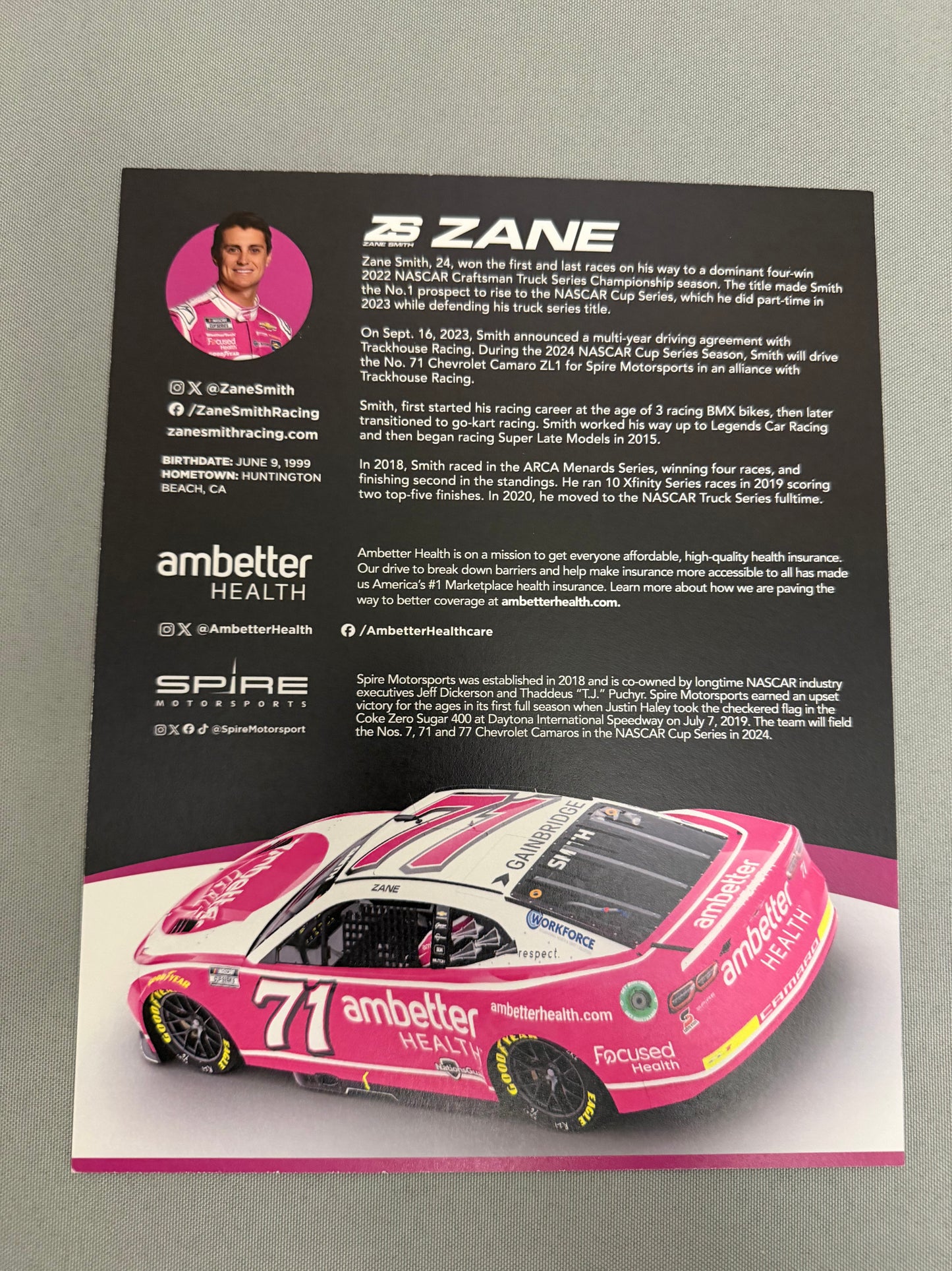 Zane Smith #71 2024 Ambetter Health Nascar Hero Card