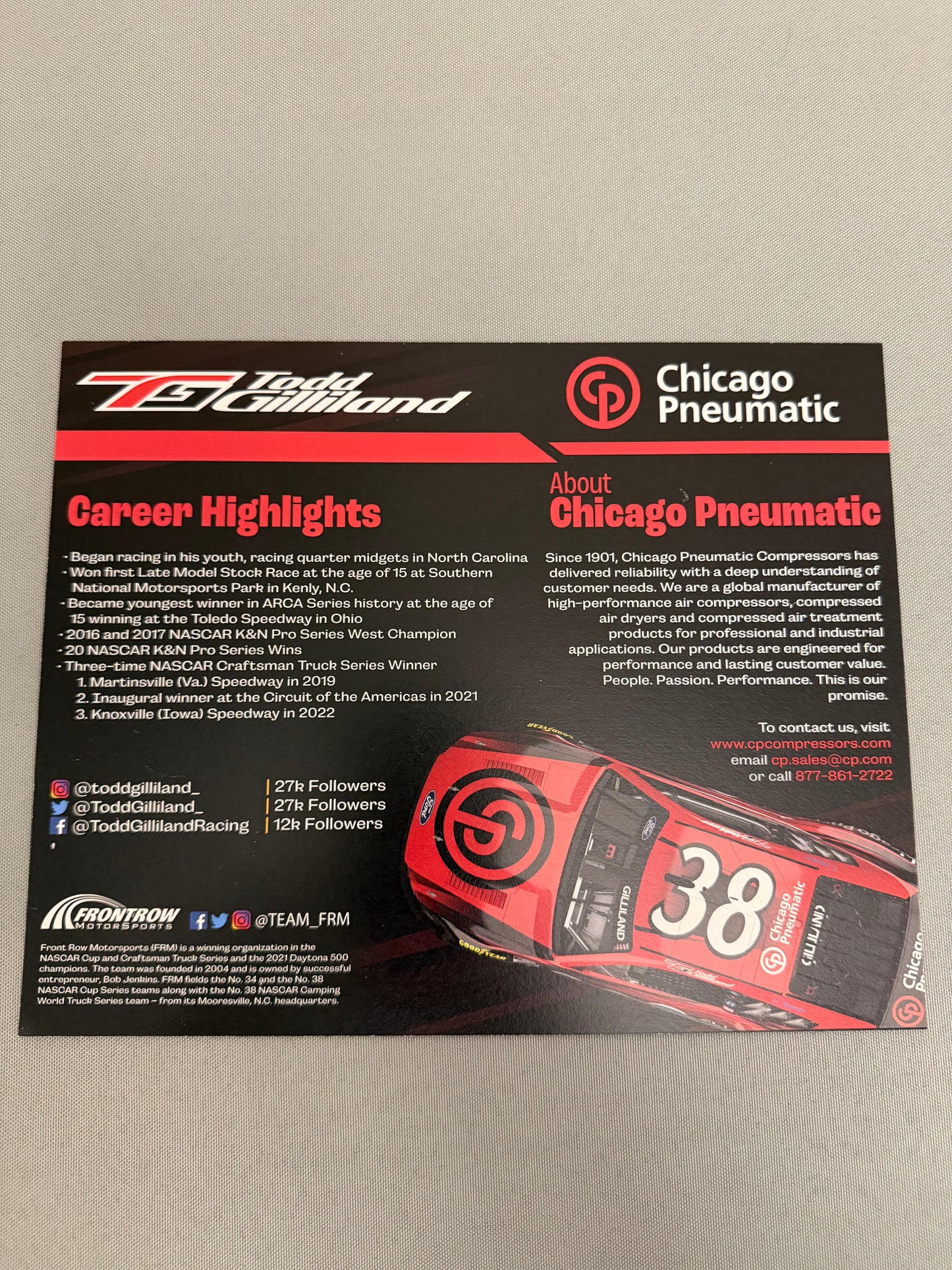 Todd Gilliland #38 2023 Chicago Pneumatic Nascar Hero Card