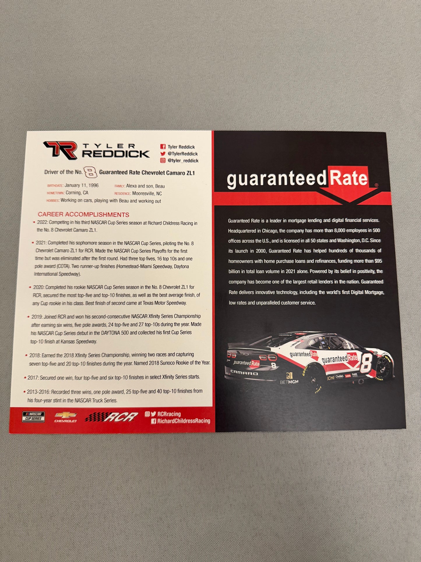 Tyler Reddick #8 2022 Guaranteed Rate Nascar Hero Card