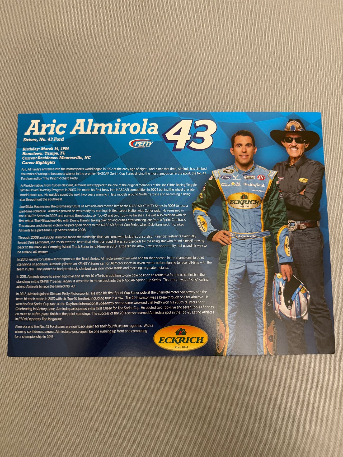 Aric Almirola #43 2015 Eckrich Farms Nascar Hero Card