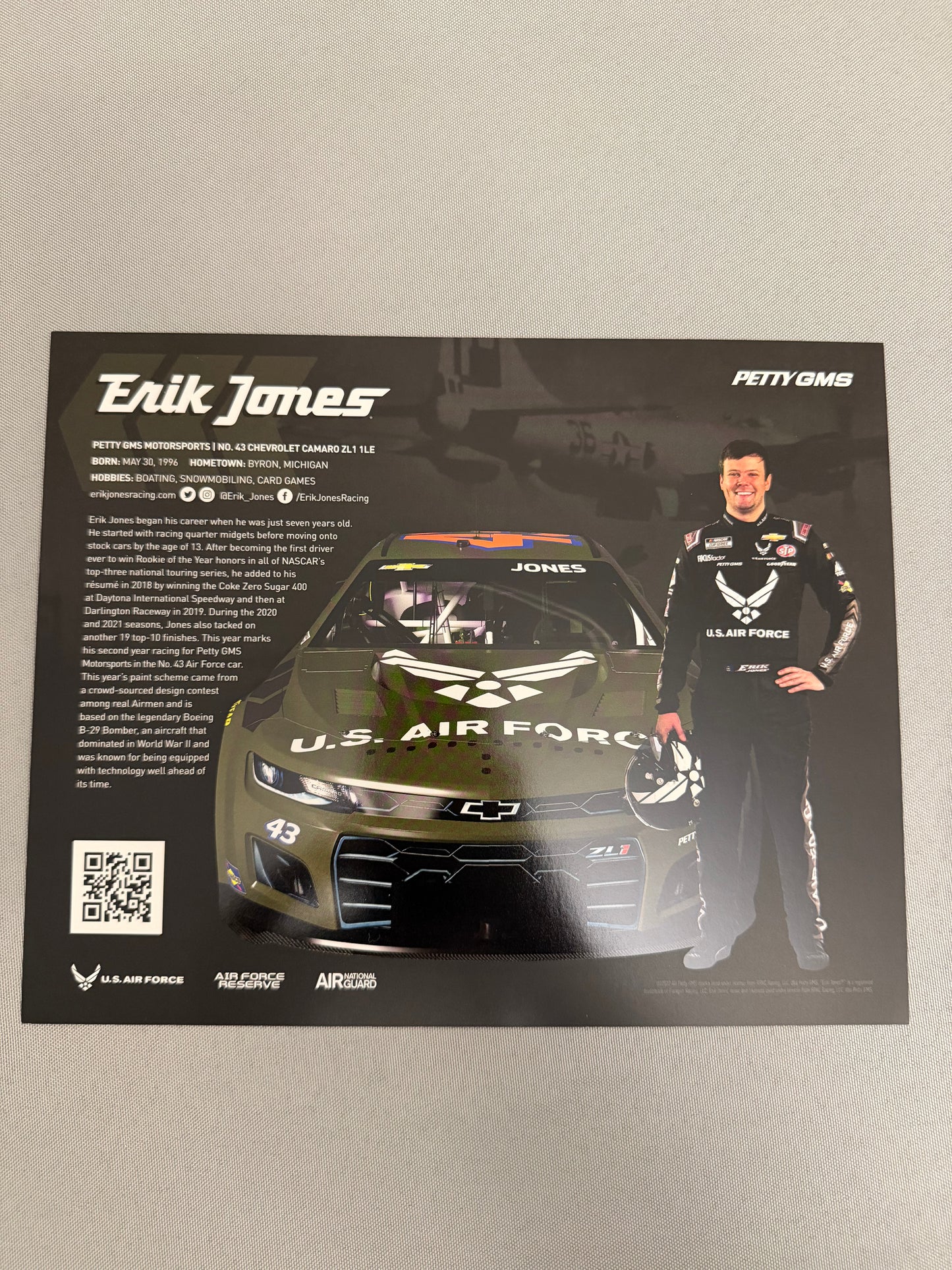 Erik Jones #43 2022 Air Force Nascar Hero Card