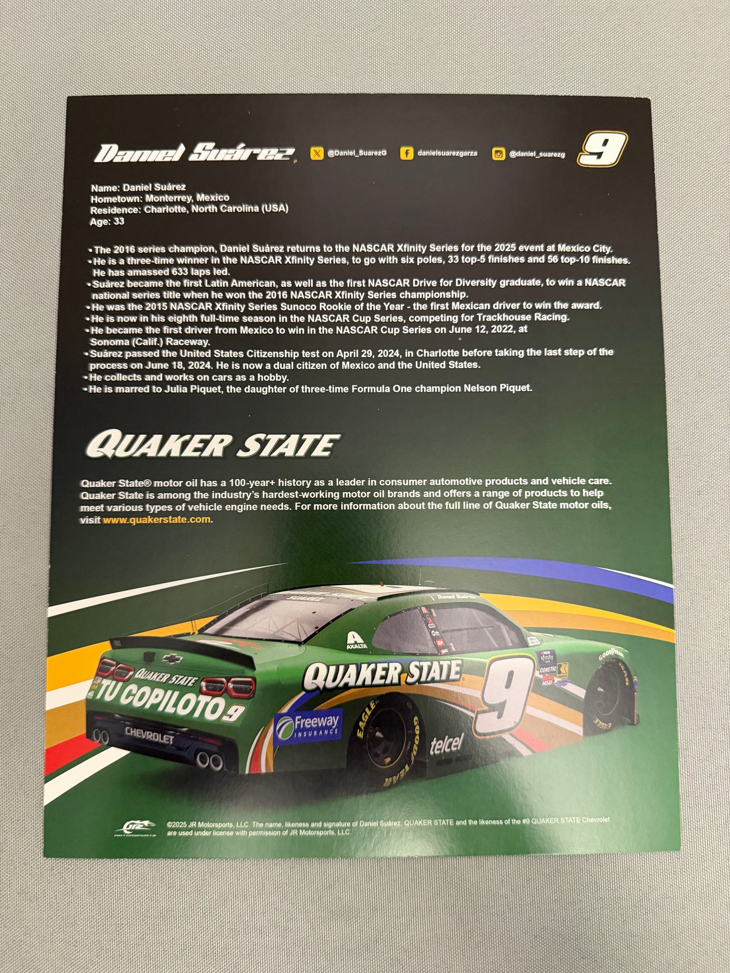 Daniel Suarez #9 2025 Quaker State Nascar Hero Card