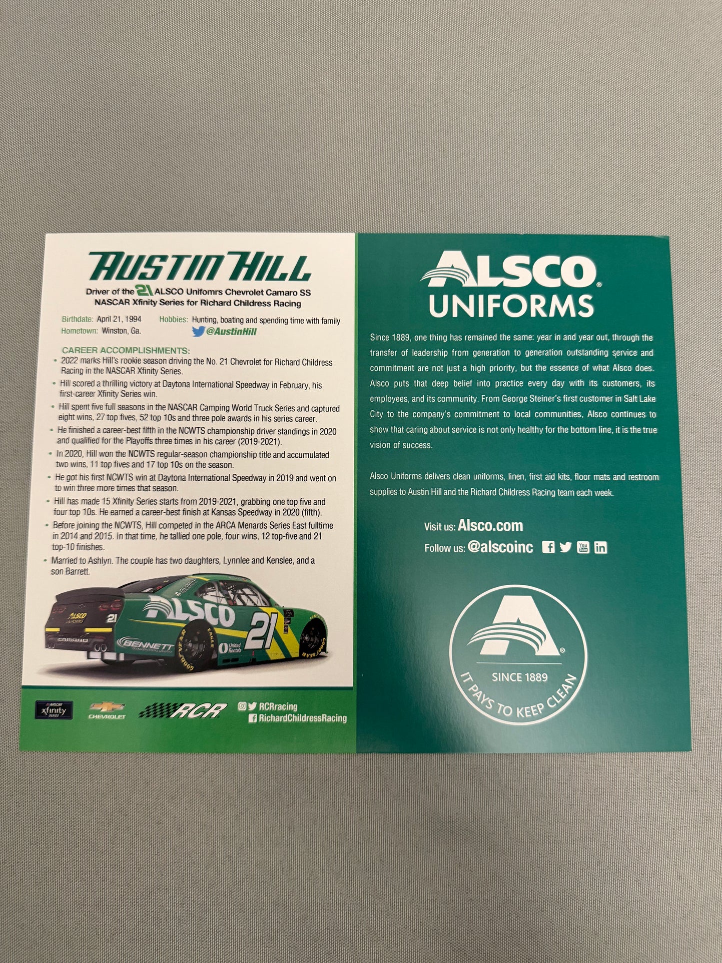 Austin Hill #21 2022 Alsco Uniforms Nascar Hero Card