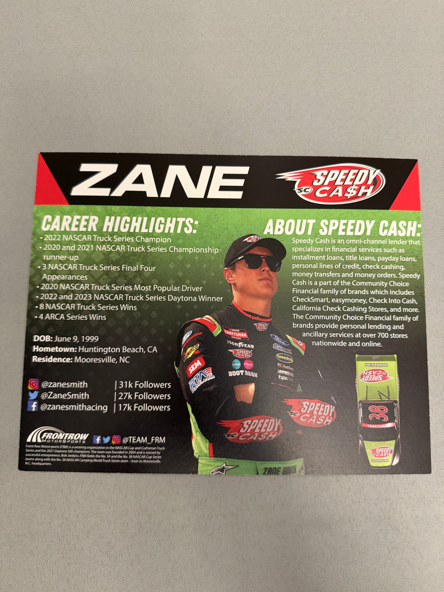Zane Smith #38 2023 Speedy Cash Nascar Hero Card