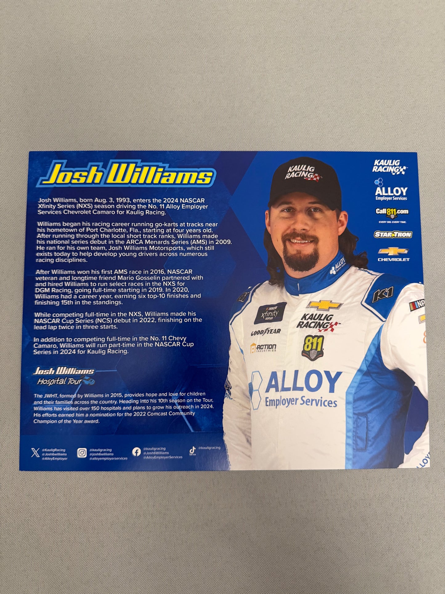 Josh Williams #11 2024 Alloy Employer Services Nascar Hero Card