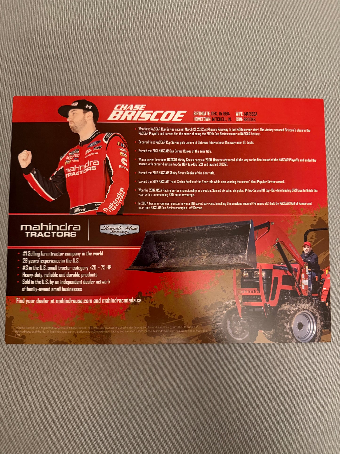 Chase Briscoe #14 2023 Mahindra Tractors Nascar Hero Card