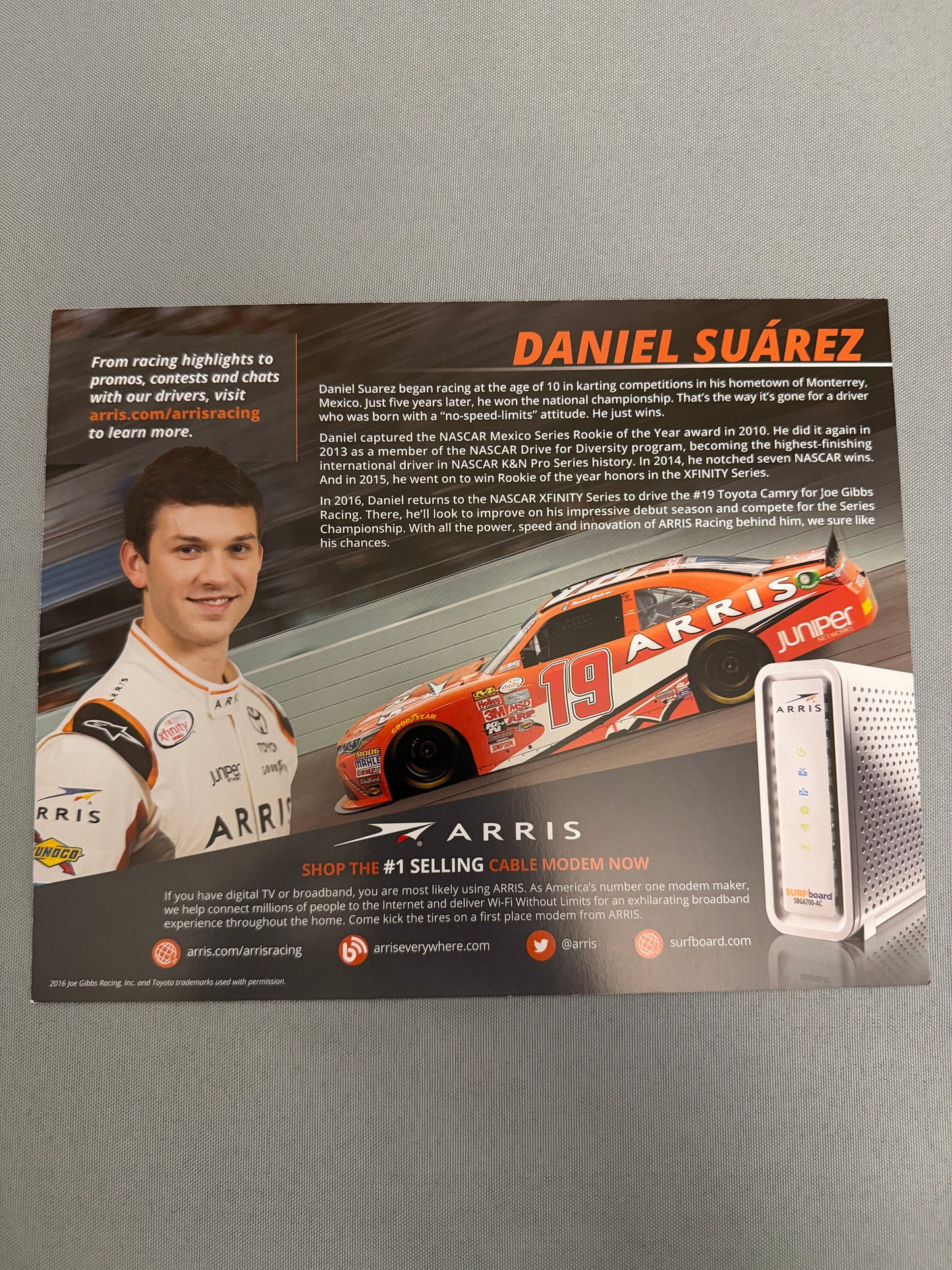 Daniel Suarez #19 2016 Arris Nascar Hero Card