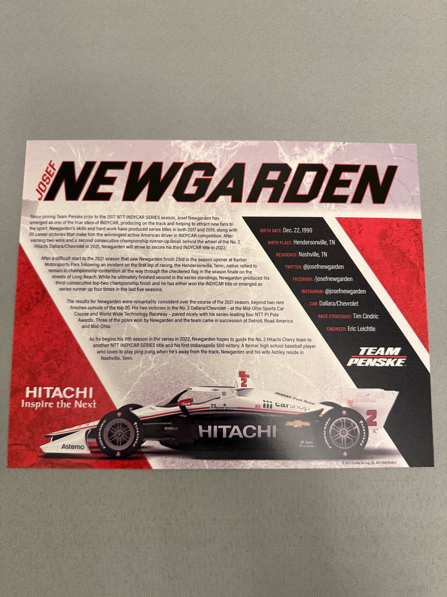 Joseph Newgarden #2 Hitachi Indycar Hero Card