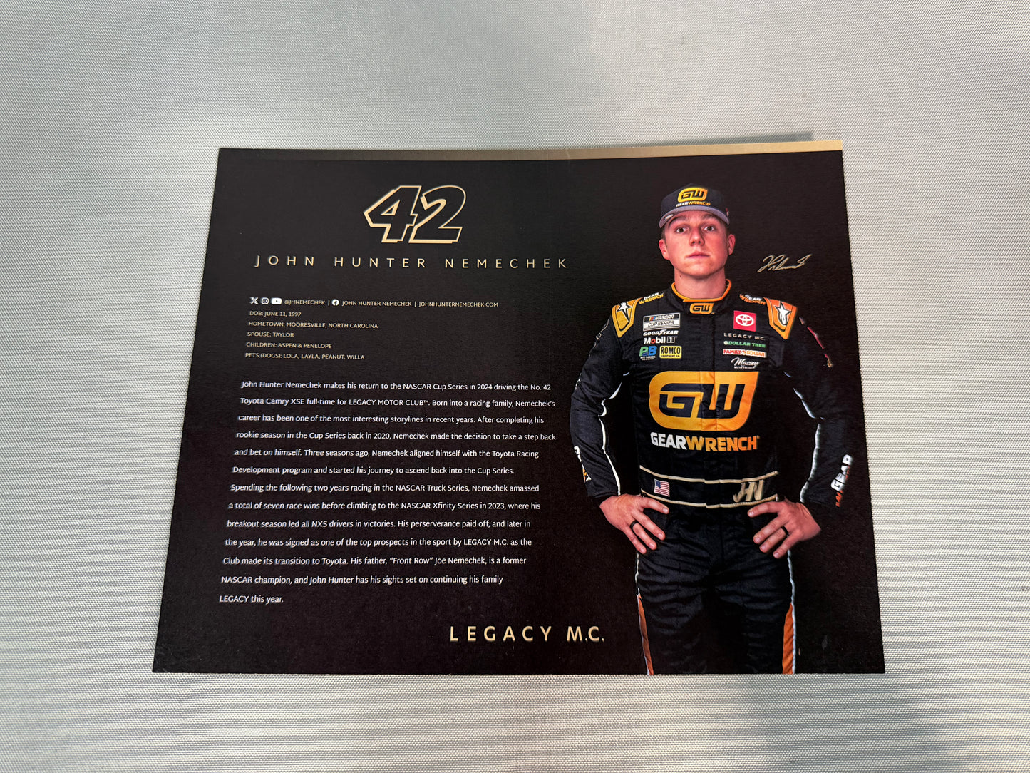 John Hunter Nemechek #42 2024 Gearwrench Nascar Hero Card