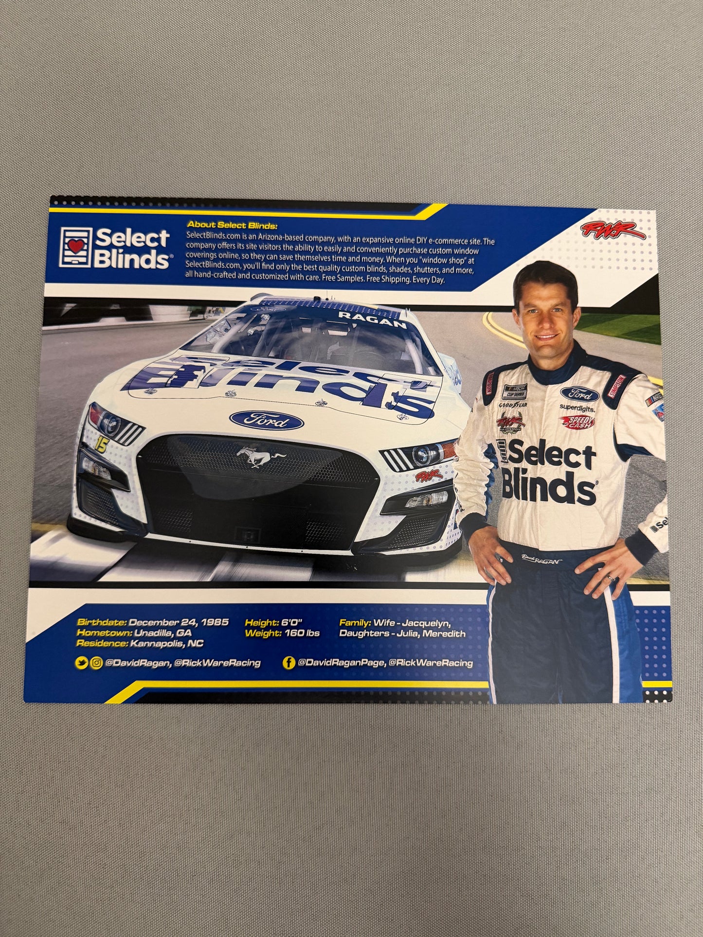 David Ragan #15 2022 Select Blinds Nascar Hero Card