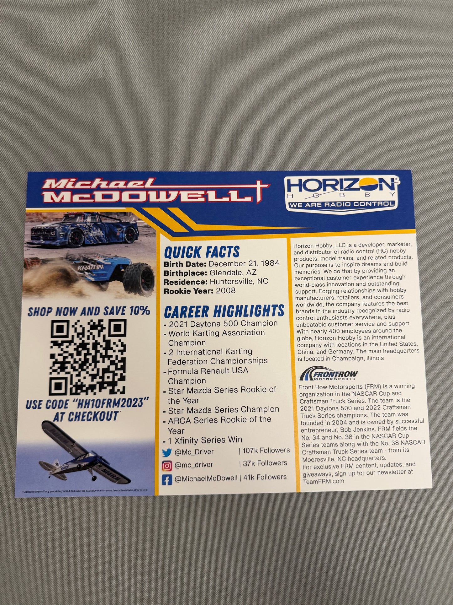 Michael McDowell #34 2024 Horizon Hobby Nascar Hero Card