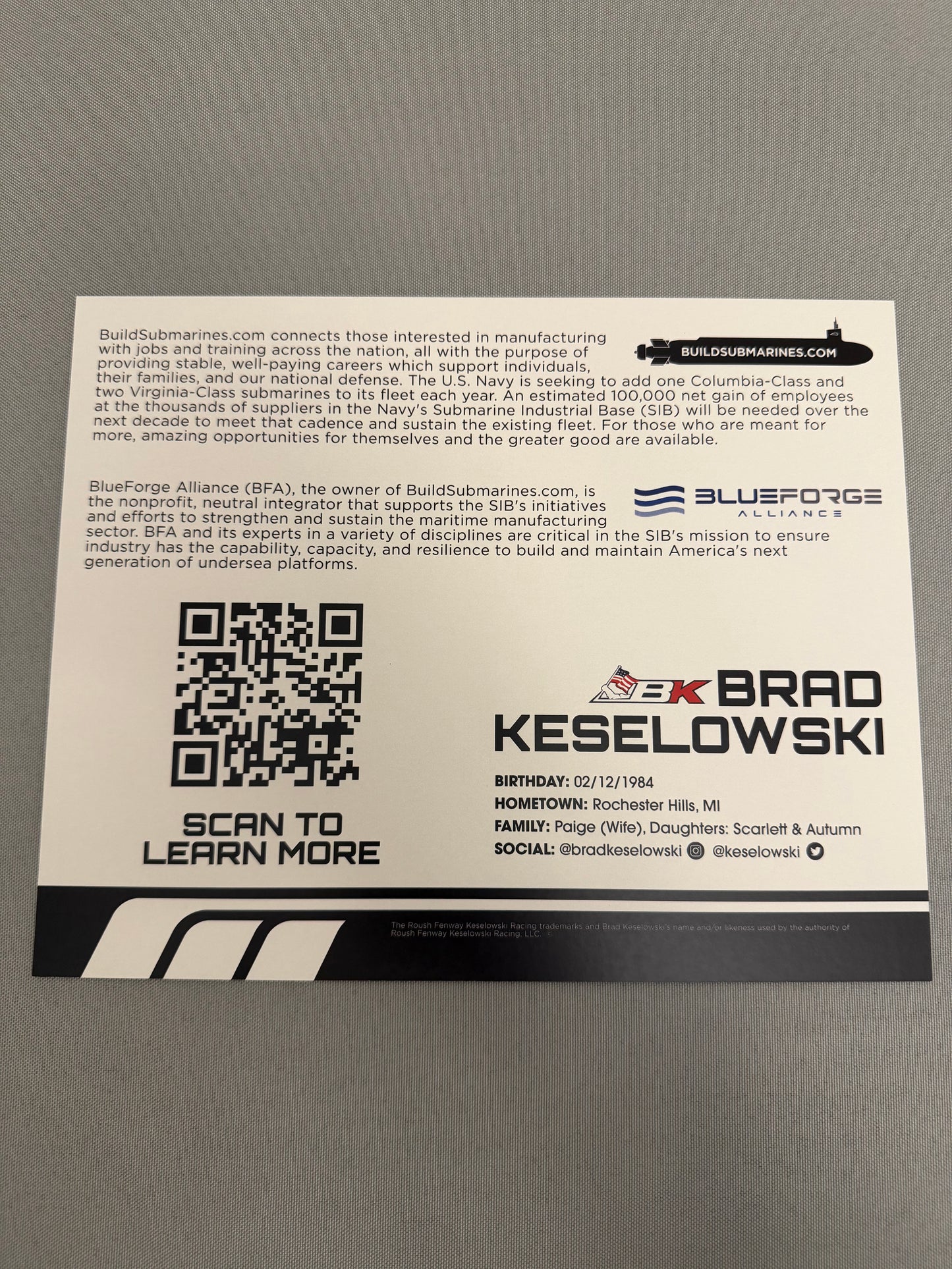 Brad Keselowski #6 2023 Build Submarines Nascar Hero Card