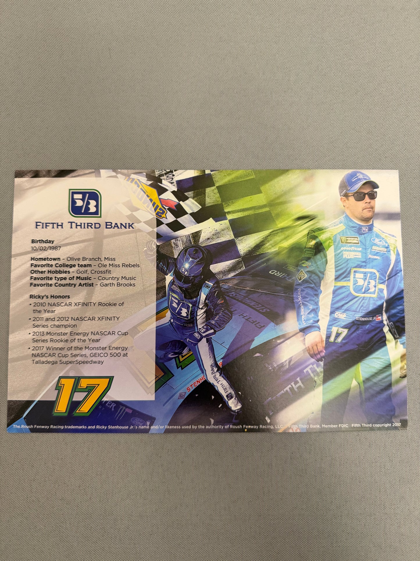 Ricky Stenhouse Jr #17 2017 Fifth Third Bank Nascar Hero Card