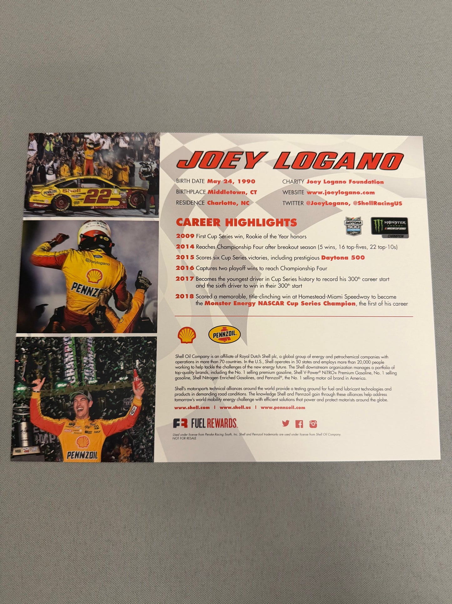 Joey Logano #22 2019 Shell Penzoil Nascar Hero Card