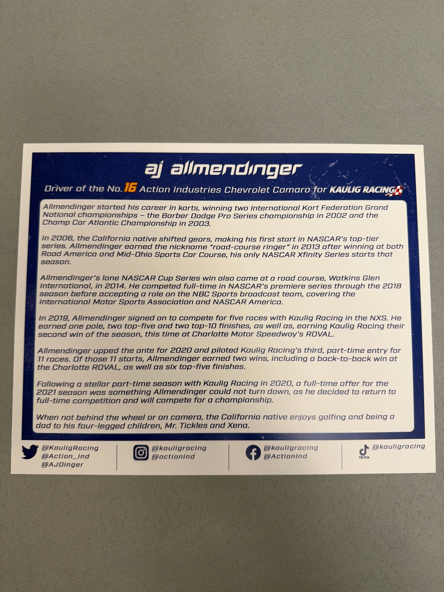 AJ Allmendinger #16 2022 Action Industries Nascar Hero Card