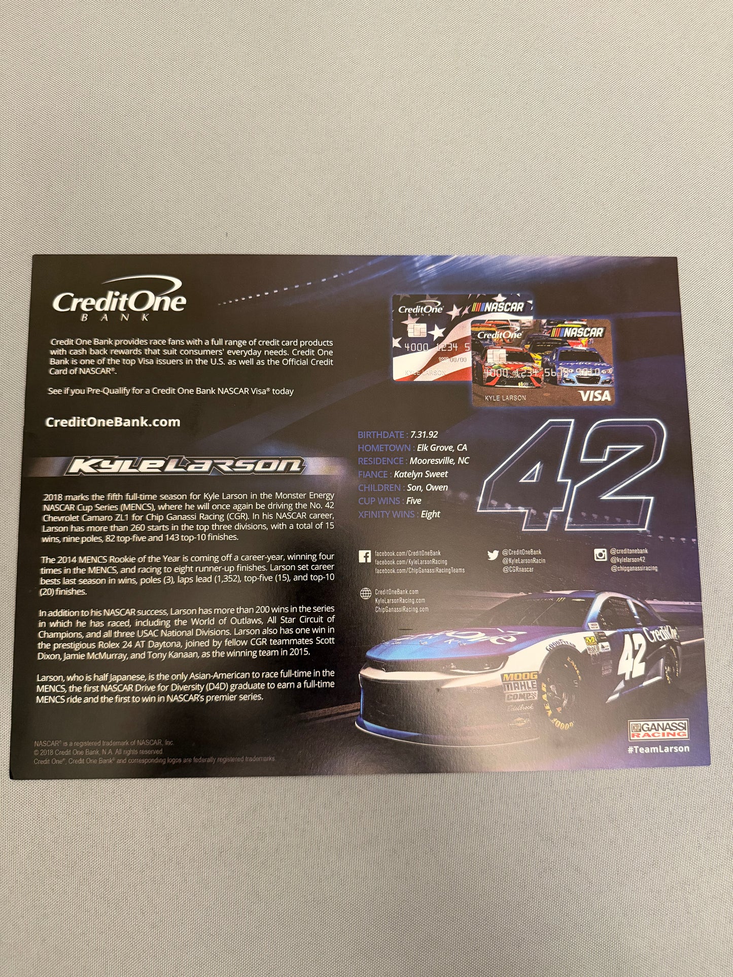 Kyle Larson #42 2018 Credit One Bank Nascar Hero Card
