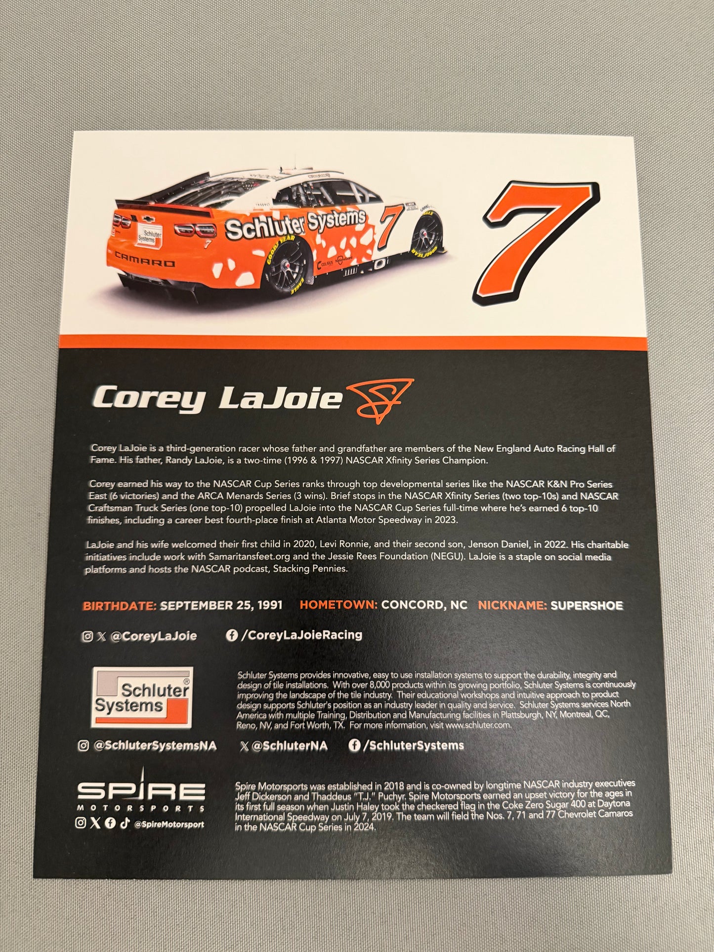 Corey Lajoie #7 2024 Schluter Systems Nascar Hero Card