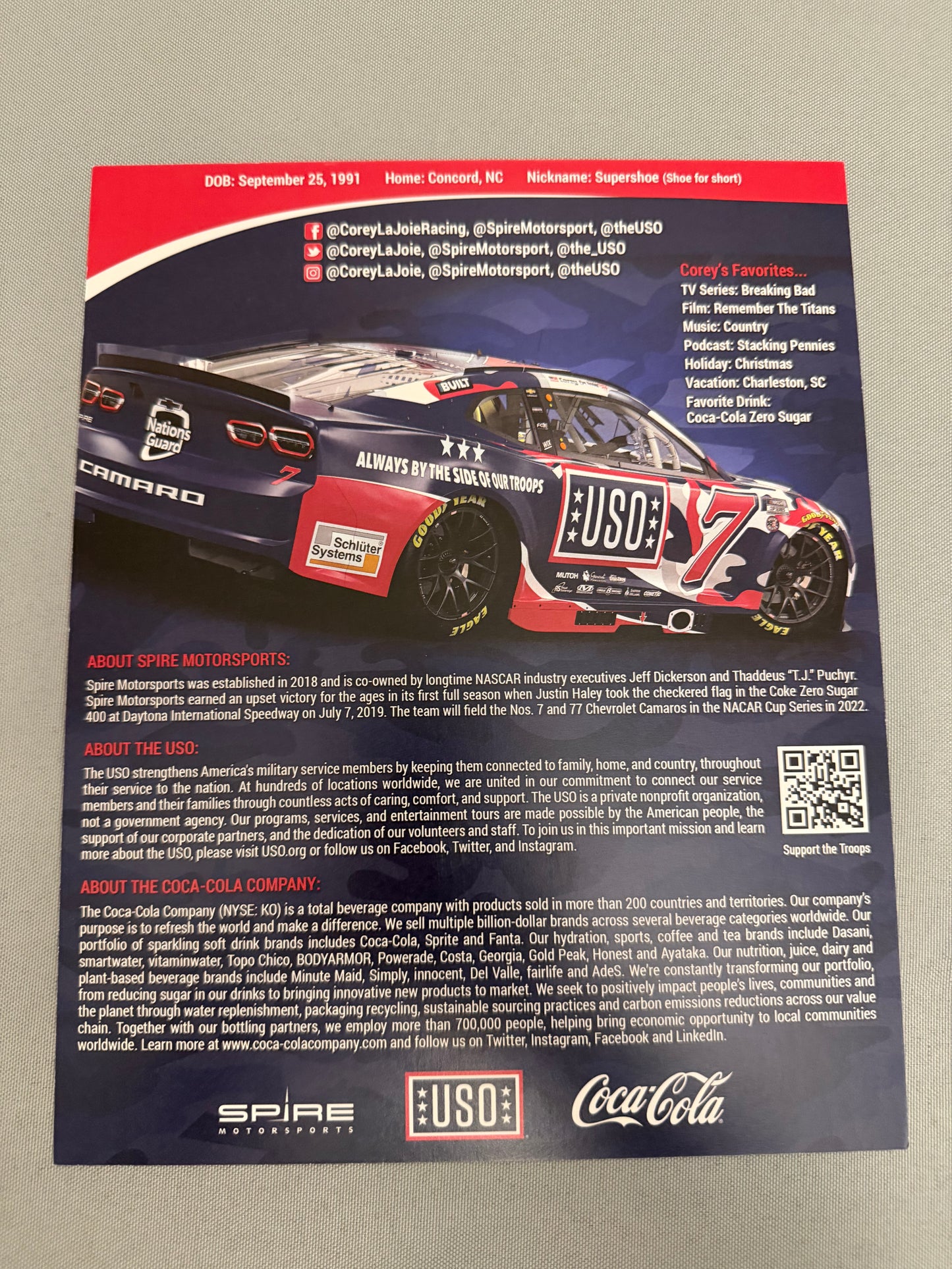 Corey Lajoie #7 2022 USO Nascar Hero Card