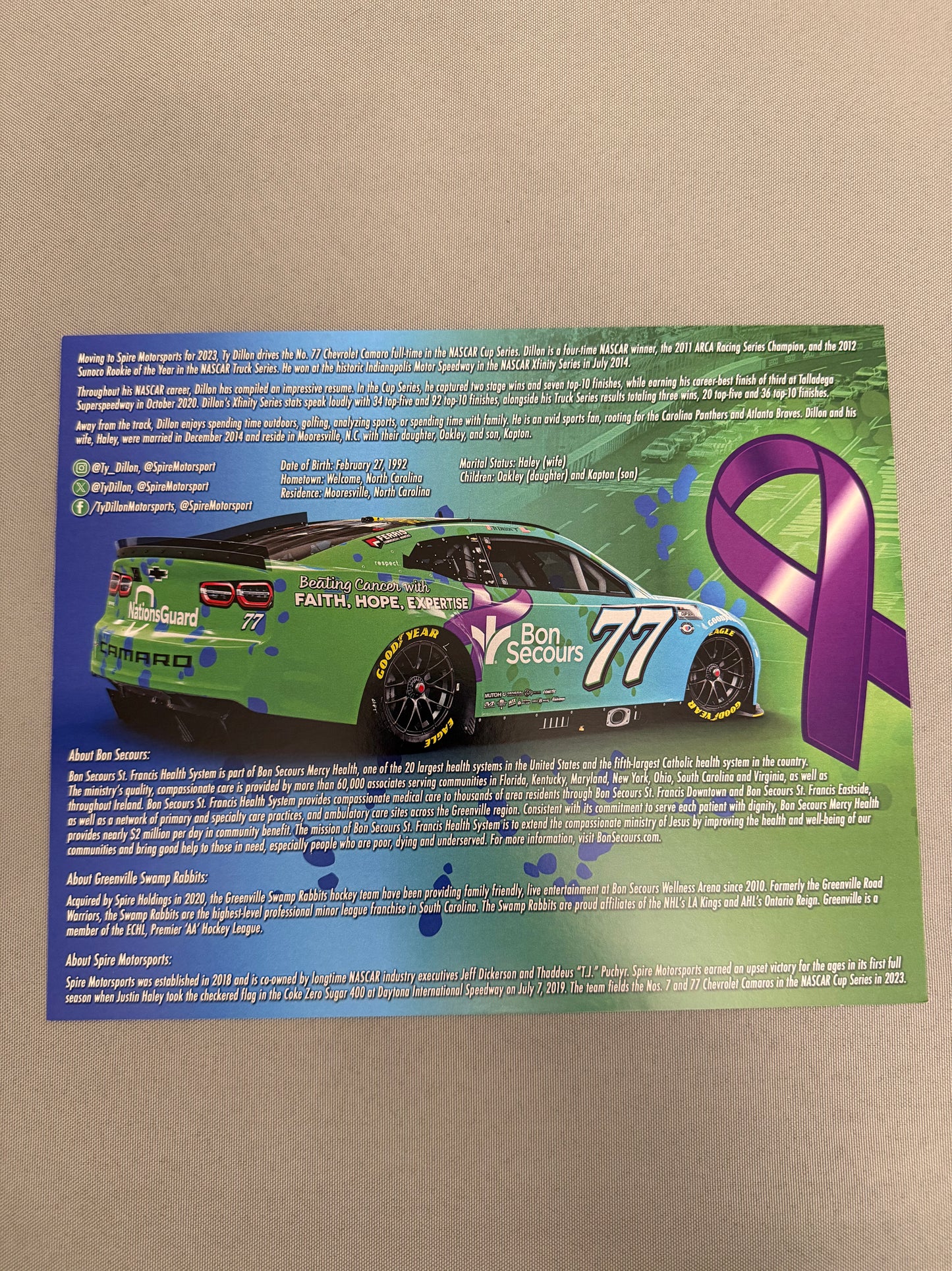 Ty Dillon #77 2023 Ben Secours Nascar Hero Card