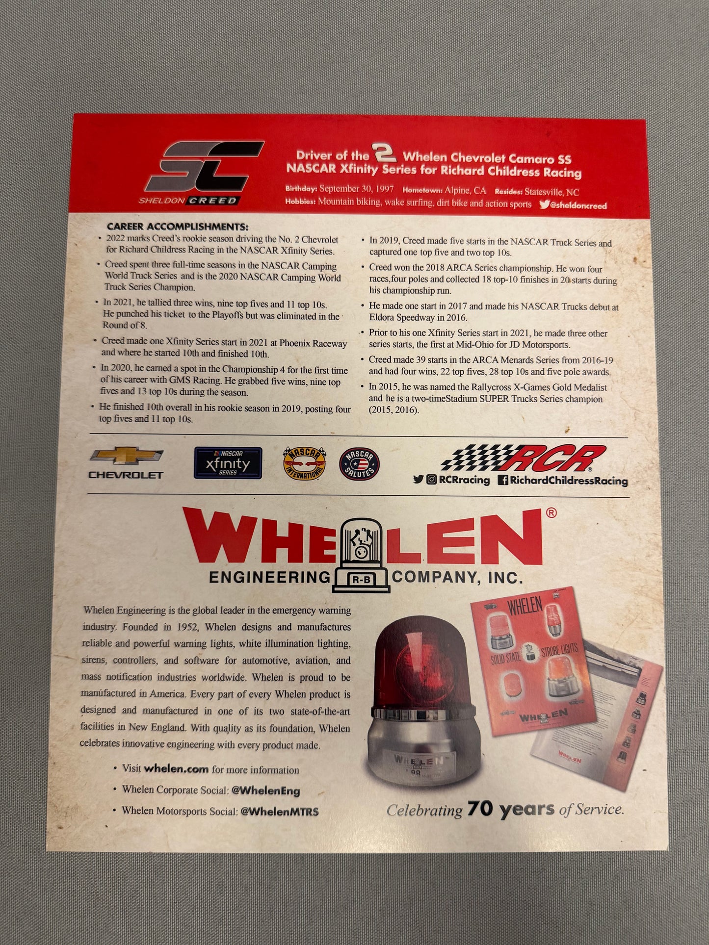 Sheldon Creed #2 2022 Whelen Throwback Nascar Hero Card