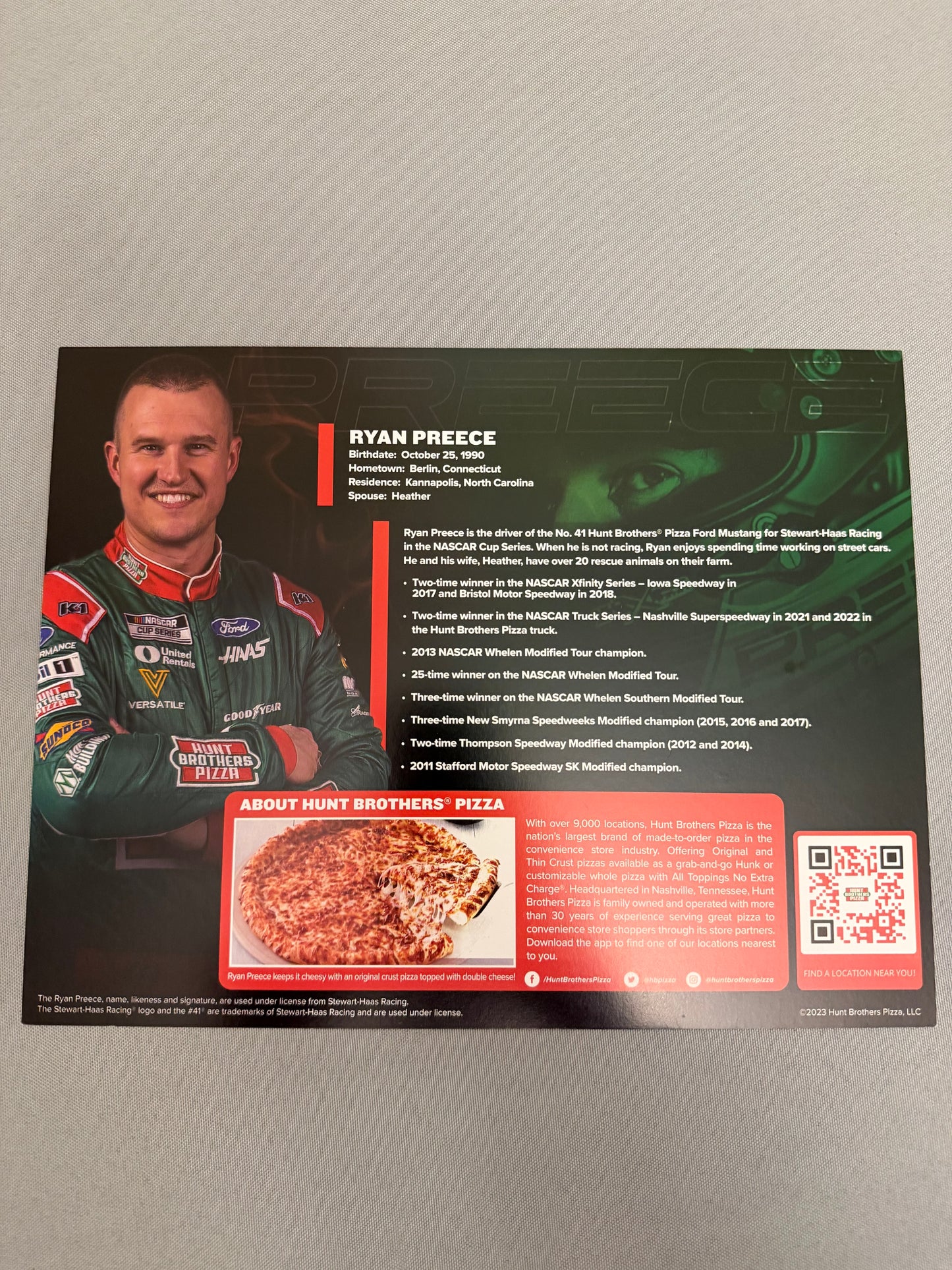 Ryan Preece #41 2023 Hunt Brothers Pizza Nascar Hero Card