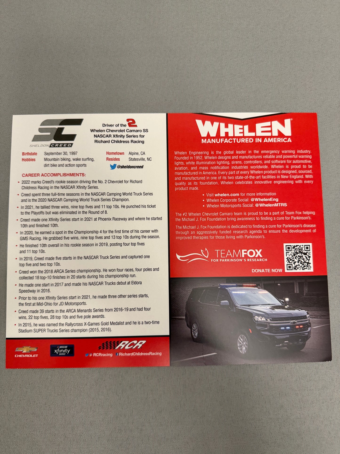 Sheldon Creed #2 2022 Whelen Nascar Hero Card