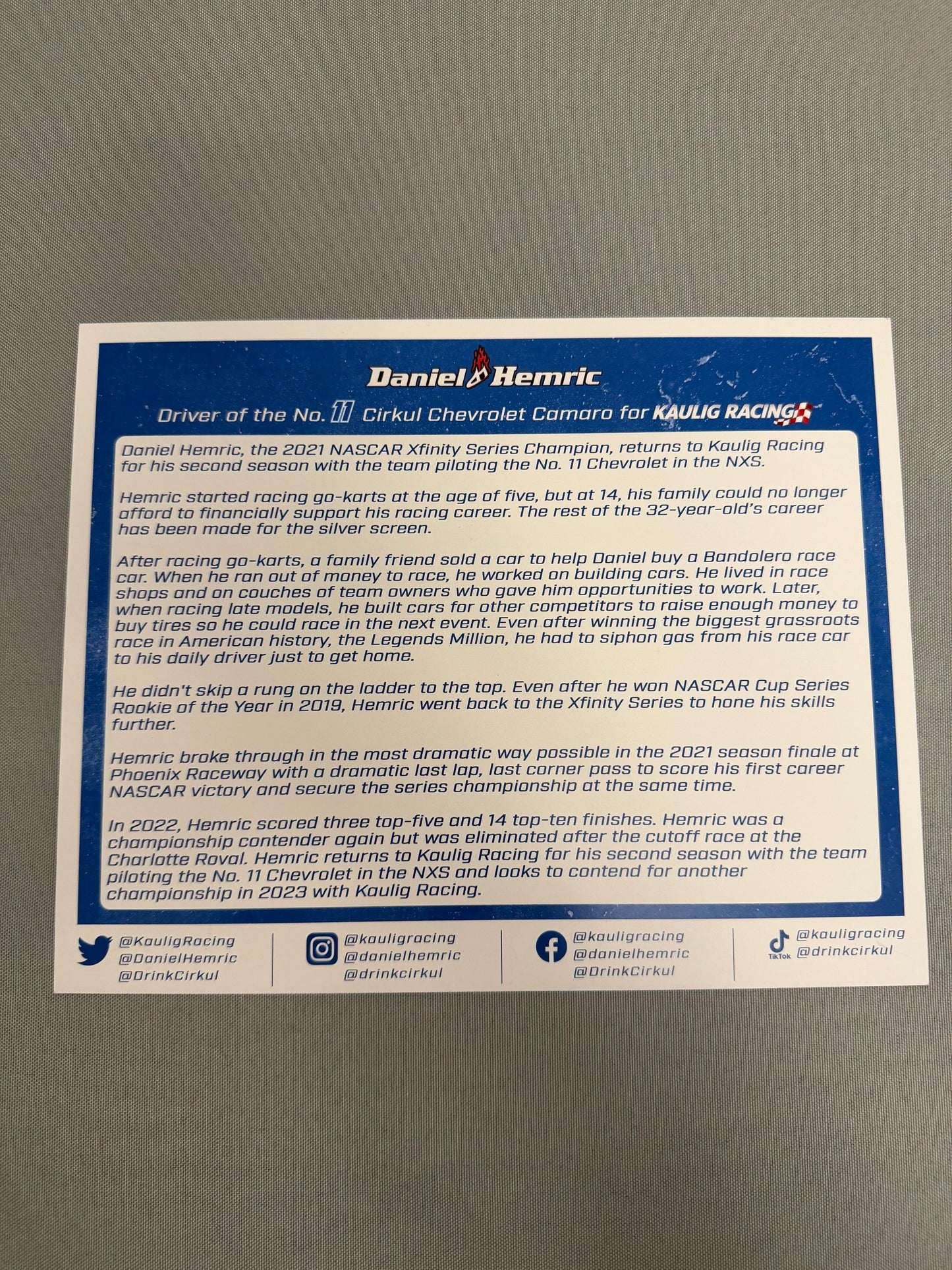 Daniel Hemric #11 2023 Cirkul Nascar Hero Card