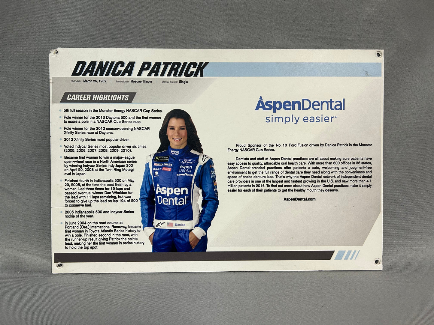 Danica Patrick #10 Aspen Dental Nascar Promo Sign