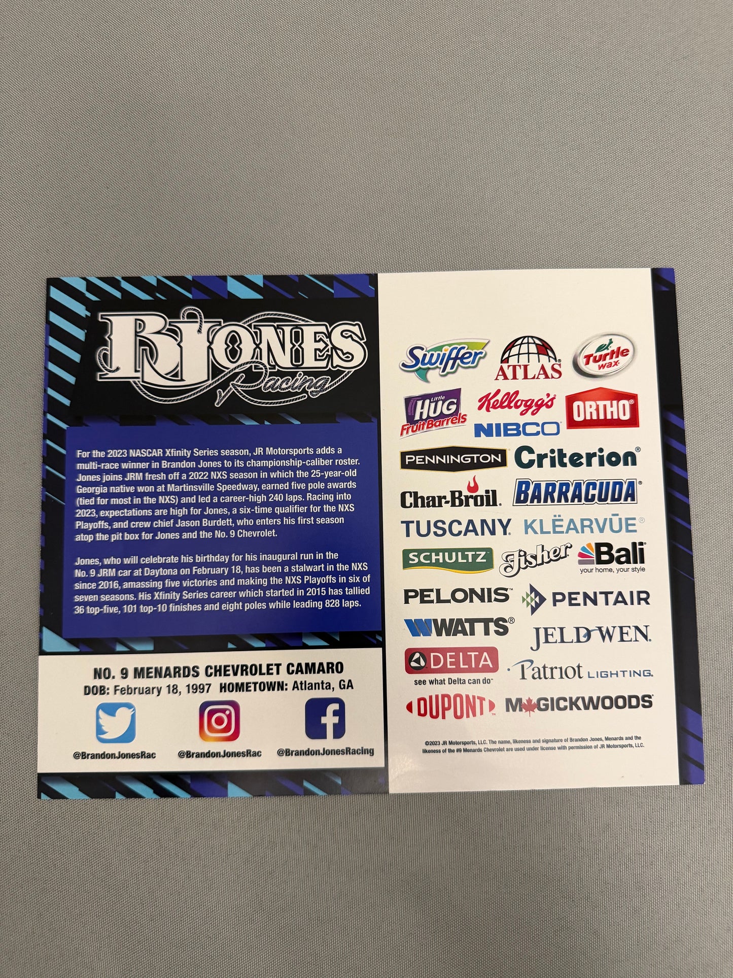Brandon Jones #9 2023 Menards Nascar Hero Card